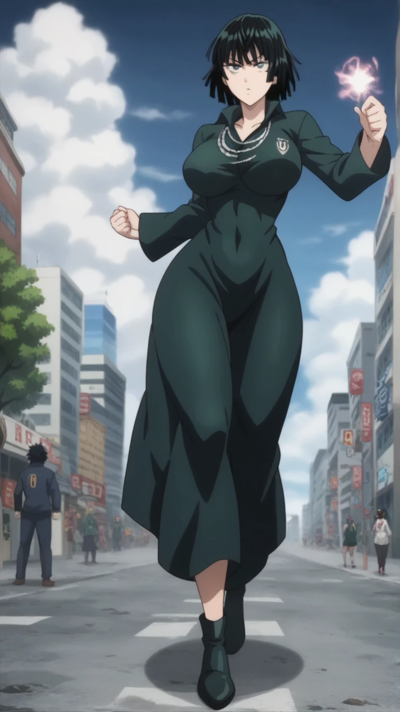 Prompt: (huge gigantic super mega hyper:1.2),(biggest round giant massive :1.2), (only one women) front view,full body covered in clothing, fighting, magic,city,sexy poses, source_anime,masterpiece,best quality,highres,absurdres,official art,official style,source_anime,anime screencap,anime coloring,megami magazine,anime,animated,explicit, shiny skin,large breasts,  black hair , fubuki ,one punch man,blush, side, on side,   fubuki,