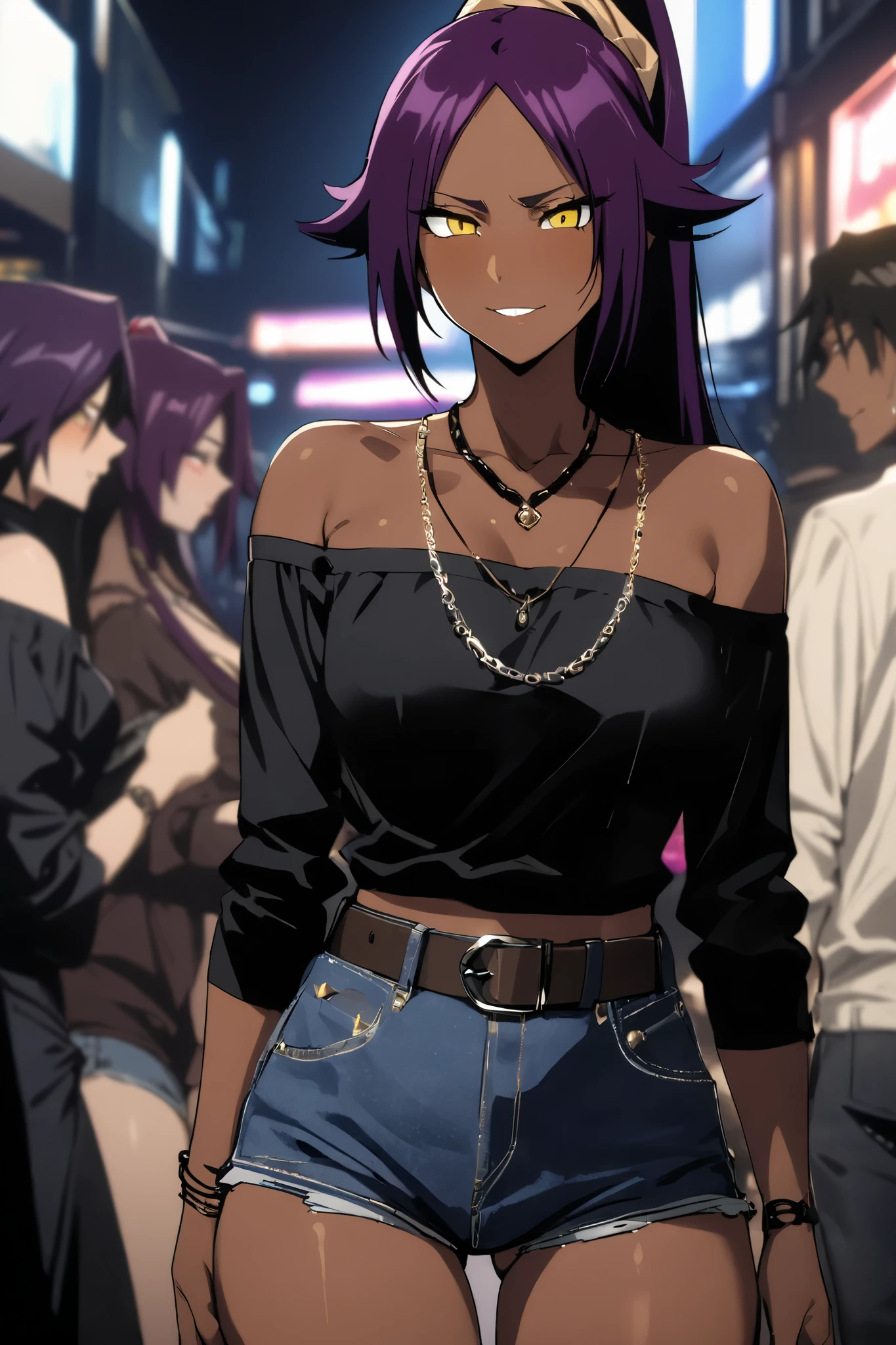 NSFW,masterpiece, top quality , High Definition , very detailed,Yoruichi Shihouin\(BLEACH\), long hair、 yellow eyes、 ponytail、Purple Hair、 dark skin 、 dark skin の女性, off-shoulder, Denim Shorts,belt, Casual , necklace,Bad Smile,Nightlife