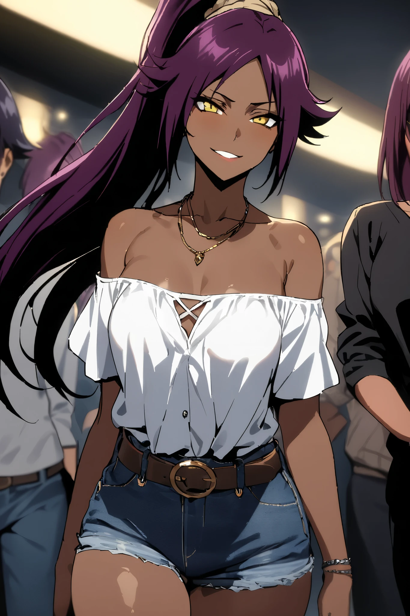 NSFW,masterpiece, top quality , High Definition , very detailed,Yoruichi Shihouin\(BLEACH\), long hair、 yellow eyes、 ponytail、Purple Hair、 dark skin 、 dark skin の女性, off-shoulder, Denim Shorts,belt, Casual , necklace,Bad Smile,Nightlife