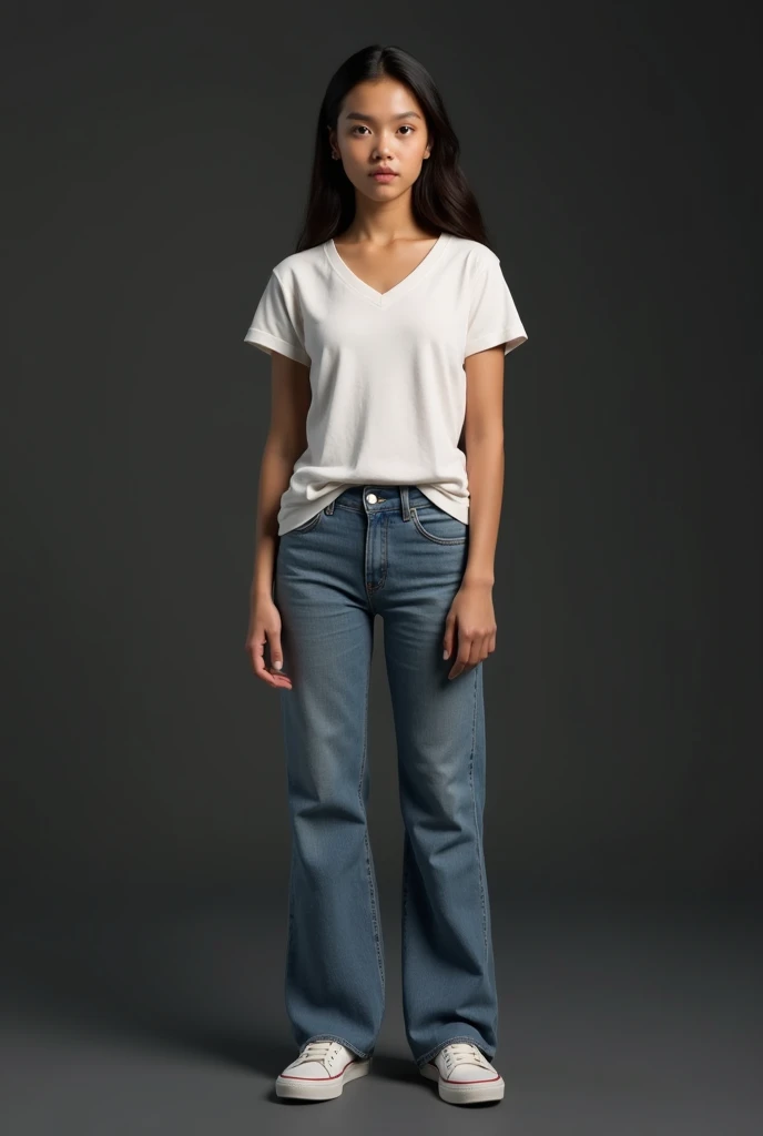 beautiful latin woman,  standing straight facing forward,with white t-shirt, denim jeans pants, on a greyish background, cotton t-shirt texture, fitted t-shirt, round neck, striped tights. Medium camera shot.