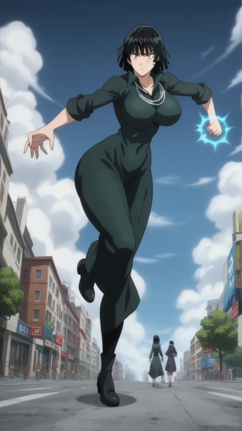 Prompt: (huge gigantic super mega hyper:1.2),(biggest round giant massive :1.2), (only one women) front view,full body covered in clothing, fighting, magic,city,sexy poses, source_anime,masterpiece,best quality,highres,absurdres,official art,official style,source_anime,anime screencap,anime coloring,megami magazine,anime,animated,explicit, shiny skin,large breasts,  black hair , fubuki ,one punch man,blush, side, on side,   fubuki,