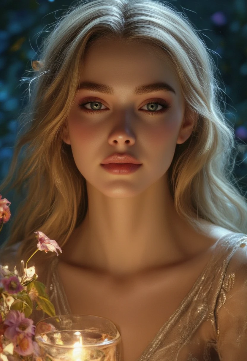 girl , blond hair, beautiful eyes , perfect anatomy , Gorgeous, Darling, tender, darling, smiles, beautiful dress, Просто Excellent е Сотканное Ручной роботы, Beautiful jewelry , at night , there is a glass filled with and a beautiful delicate bouquet of flowers, masterpiece fails, Best quality , complex , 8 k, maximum quality , Wonderful, Excellent , amazing, Lots of Details , bright colors,
