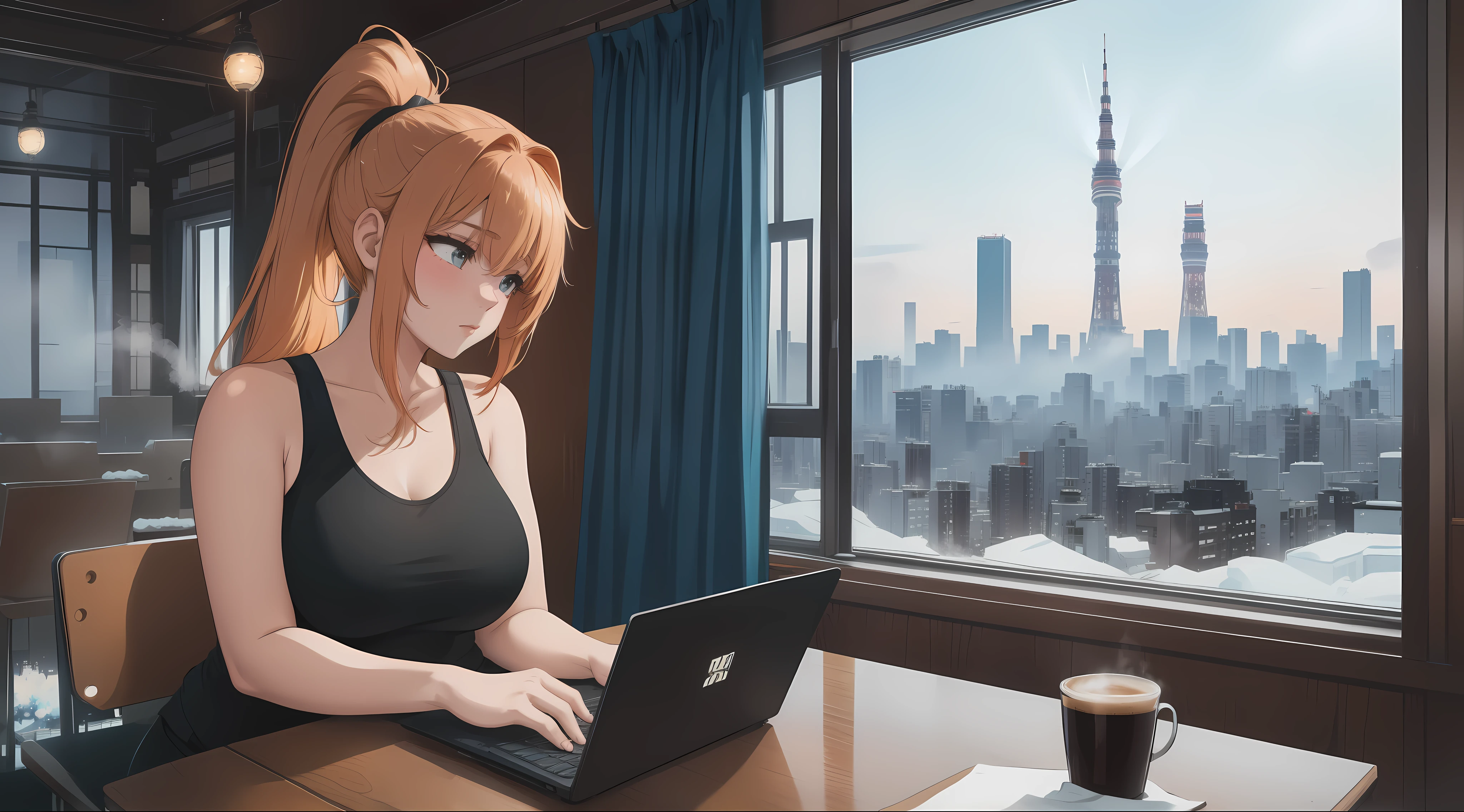 "A young woman with blonde red hair tied in a ponytail is sitting in front of a laptop, her hands actively typing as she focuses intently on coding. The camera angle captures her from the side, showcasing her black tank top and black leggings. The desk is tidy, with a steaming cup of coffee resting beside the laptop, sending soft wisps of steam into the cool air. The background reveals a large window showcasing a snowy Tokyo night, where the city’s iconic skyline is illuminated by a blend of glowing neon signs and soft moonlight. Snowflakes gently drift down, blanketing rooftops and streets in white, while the faint outlines of Tokyo Tower and other landmarks add depth to the urban scene. The sheer curtains ripple slightly as a cold winter breeze sneaks in, creating a sense of movement and contrast between the warmth of the room and the chill of the snowy night outside. The room is bathed in a soft, warm light from the laptop screen, reflecting off her determined expression. Her relaxed yet focused posture highlights her dedication, creating a serene yet dynamic atmosphere that merges the coziness of her workspace with the lively, snow-covered Tokyo backdrop."