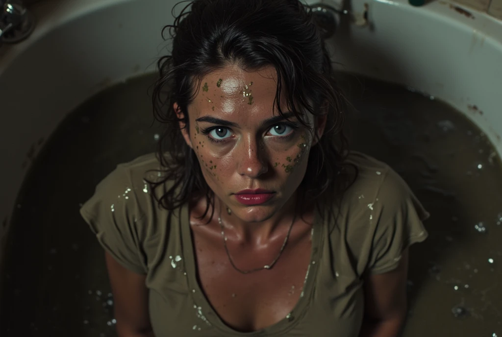 Covered in mud ,Bob haircut, detailed eyes and face,  An expression of despair  ,t-shirt, dark and gloomy lighting ,desperation,bathroom,drowning laying under sludge in the bottom bath ,sick faded mid-aged woman, wetlook, red lips, makeup