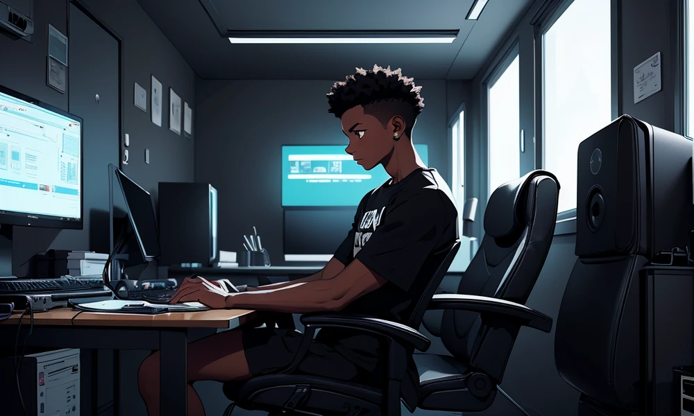 An image in style  (Lofi) of a boy (black skin) using (black t-shirt)  playing with the computer in a ( black gamer chair )  (Relaxed calm in a room) (gray and black) fully (Minimalist) (dark)