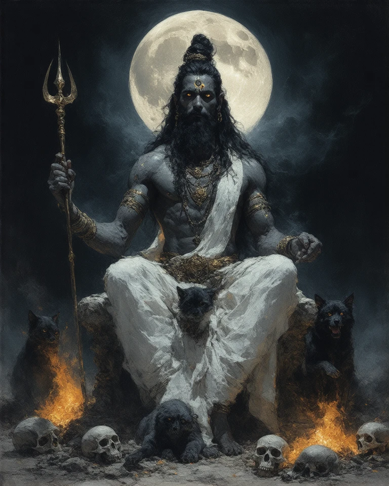 (masterpiece: 1.2), abstract acrylic painting art, hindu god, Kalbhairava  depicted wearing a tiger-skin garment and sitting on a gem-studded throne. He has three eyes and is accompanied by his pet dog, Svan, in a crematorium, river passing through, his long hair,d ash-smeared skin, long beard, under the dark, moonlit sky. Dressed in a white dhoti with golden edges, his muscular frame is adorned with rudraksha beads around neck and arms and a garland of tiny skulls. His wild, flowing hair, twisted into topknot, a crescent moon on hair that emits a soft, divine glow. In one hand, he wields his mighty trident, and in the other, a damru (a small drum). Surrounding him are burning funeral pyres and scattered skulls, as black dogs prowl around him, their piercing eyes glowing in the dark. A slow, curving river flows nearby, reflecting the flickering flames. The air is heavy with smoke and ashes as Kalbhairav, the cosmic judge, evaluates the karmic deeds of wandering souls.