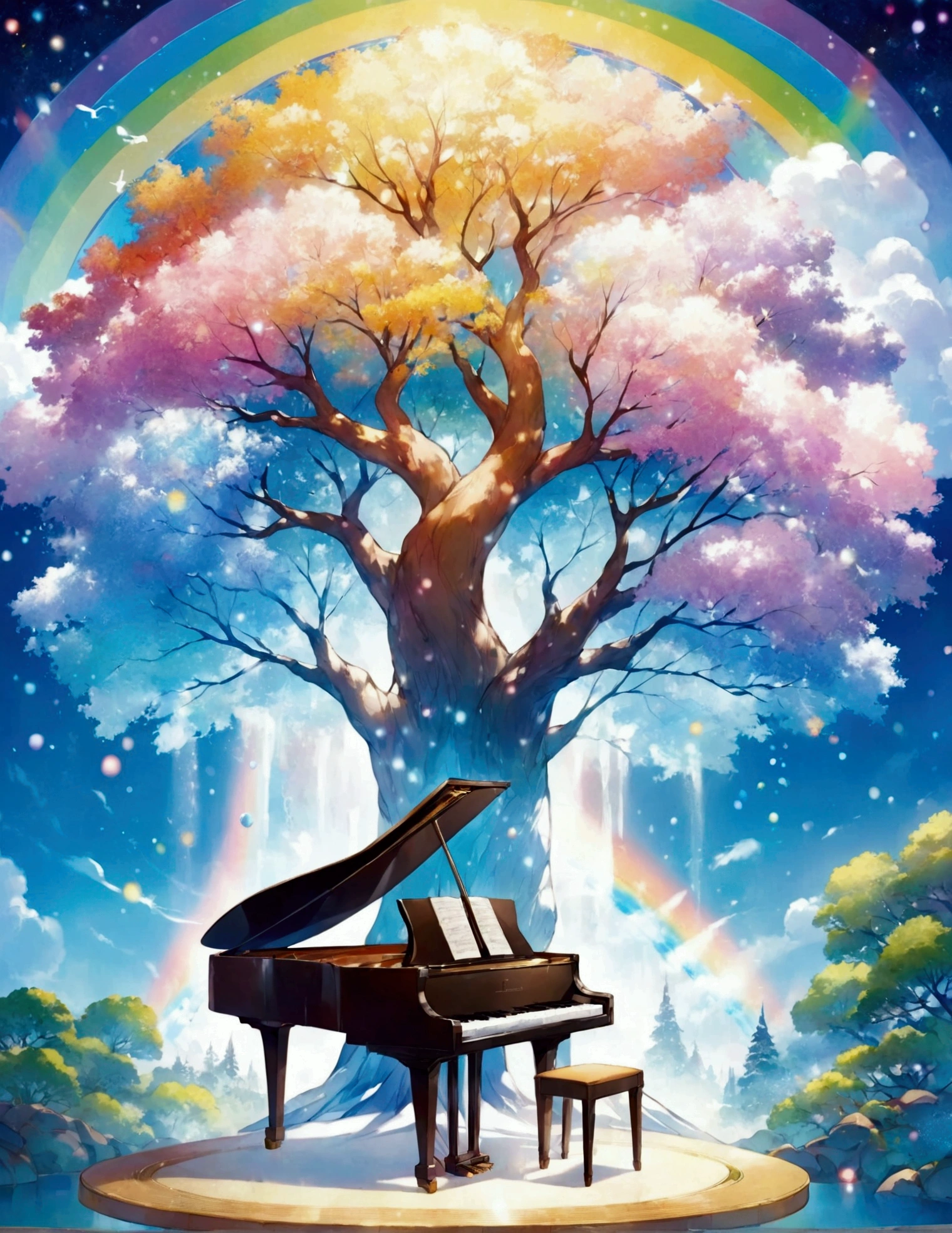 painting of a tree with a rainbow and a man on a piano, still of rainbow ophanim, whimsical art, by Hiroshi Nagai, large view, kuntilanak on bayan tree, raqib shaw, by Chiho Aoshima, full - view, shusei nagaoka, by Bjørn Wiinblad, official artwork, by Wilhelm Sasnal, blurry light particles