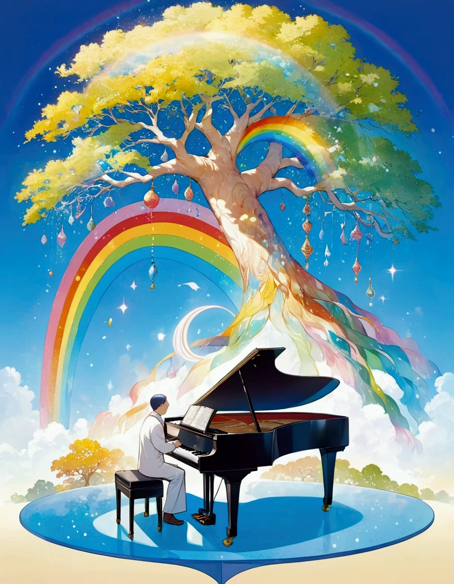 painting of a tree with a rainbow and a man on a piano, still of rainbow ophanim, whimsical art, by Hiroshi Nagai, large view, kuntilanak on bayan tree, raqib shaw, by Chiho Aoshima, full - view, shusei nagaoka, by Bjørn Wiinblad, official artwork, by Wilhelm Sasnal, blurry light particles