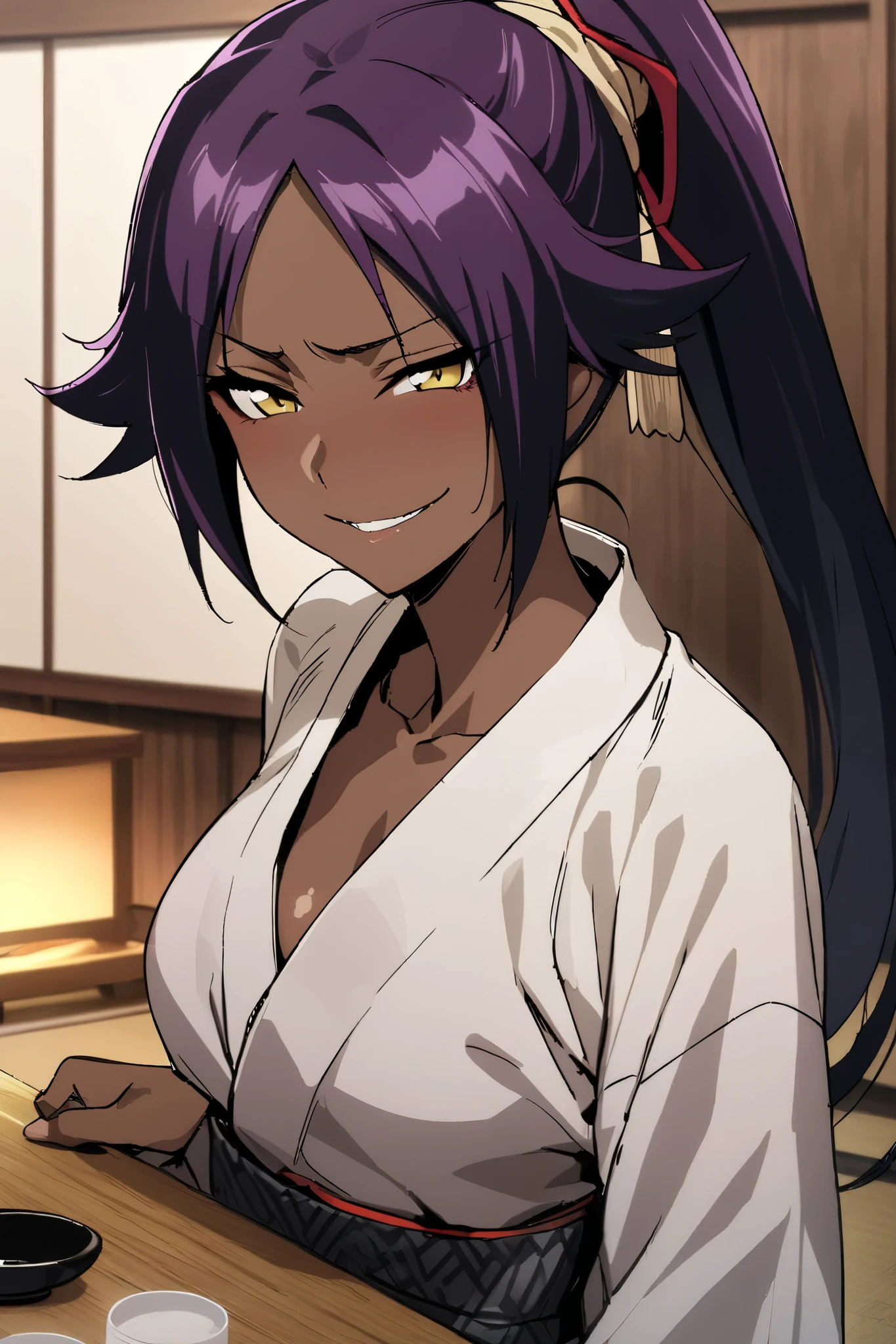 NSFW,masterpiece, top quality , High Definition , very detailed,Yoruichi Shihouin\(BLEACH\), long hair、 yellow eyes、 ponytail、Purple Hair、 dark skin 、 dark skin の女性, kimono,yukata,hostel,Japanese-style room, drunk,Alcohol, Japanese sake ,Bad Smile