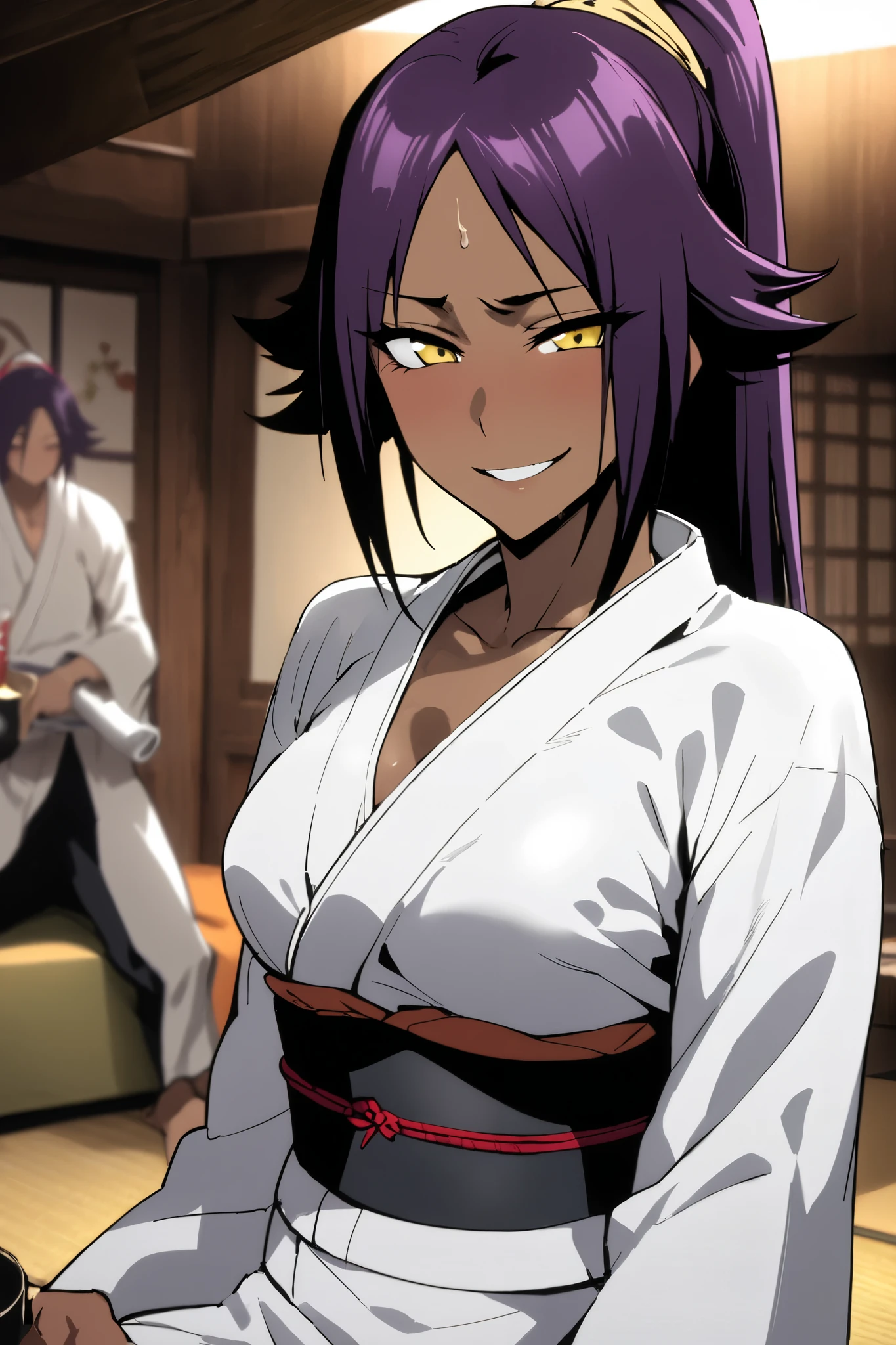 NSFW,masterpiece, top quality , High Definition , very detailed,Yoruichi Shihouin\(BLEACH\), long hair、 yellow eyes、 ponytail、Purple Hair、 dark skin 、 dark skin の女性, kimono,yukata,hostel,Japanese-style room, drunk,Alcohol, Japanese sake ,Bad Smile