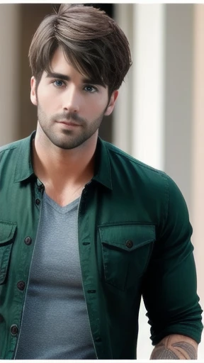 35 year-old Male, white male, tanned skin, handsome, black hair, and stubble beard, deep blue eyes, muscular body and thin, wearing a sleeveless t-shirt and jeans, straight nose, oval face, canadian, his hair is below his ears, tousled messy hair badass