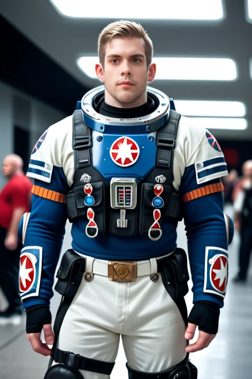 young man in s1999unf uniform,red left sleeve,on a spaceship