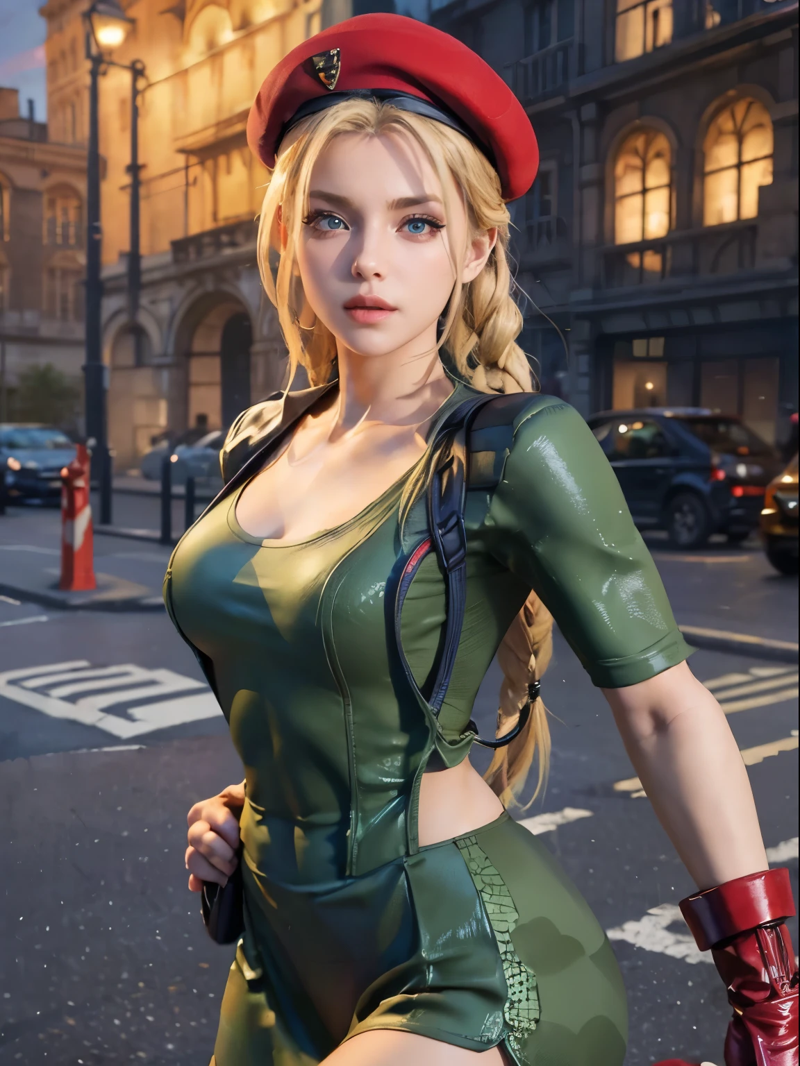 "(exquisitely detailed CG unity 8k wallpaper, masterpiece-quality with stunning realism), (best illumination, best shadow), (best quality), (elegant style:1.2), Arti modern anime. angled view, heroic pose, closeup full body portrait of stunningly beautiful cammy from street fighter, Masterpiece, best quality, highres, mature Cammy white, twin braids, long hair, blonde hair, antenna hair, (red beret headwear:1), blue eyes, scar on cheek, green military leotard, green military skirt, red gloves, fingerless gloves, camouflage, (fully clothed:1), abs, depth of field blur effect, night, full zoom, action portrait, photorealistic. cinematic lighting, highly detailed. best quality, 4k, (Better hand:1), (blonde hair:1) (red nail-polish:1), (red lips:1) (makeup:1) perfect anatomy, leaning forward, foreshortening effects, coy flirty sexy expression, foreshortening effect, (piercing eyes:1), surrounded by an ominous and dark atmosphere, accentuated by dramatic and striking lighting, imbued with a sense of surreal fantasy". (wearing military boots:1), (resting in london city MI6 in the morning:1.3) (wearing a British Military jacket:1) (mature:0.5)