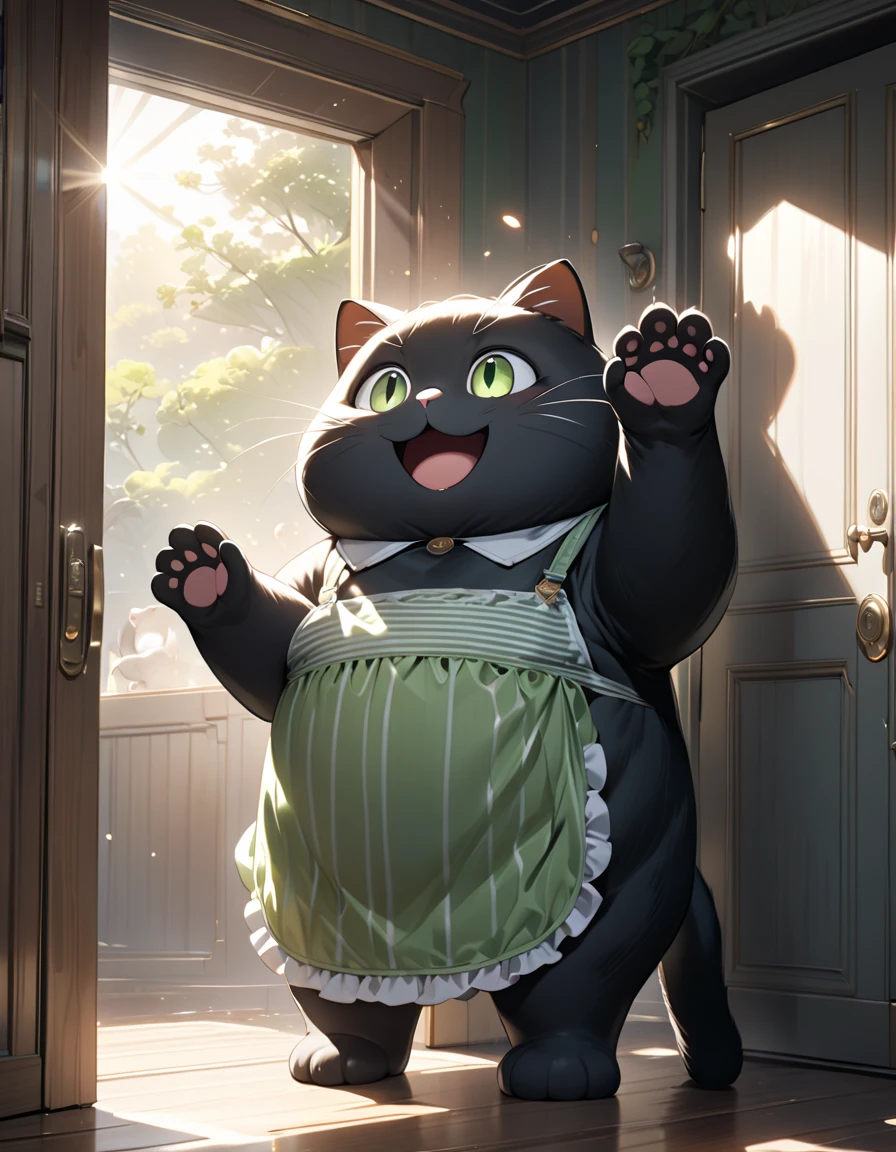 (masterpiece), (ultra-detailed), (best quality), (clear focus), (dramatic scene), (cinematic), shadow, (ultra-high resolution), (8k), perfect anatomy, perfect face, (detailed face), (detailed eye), (the giant chubby black cat is wearing a vertical striped green apron:1.2),  (standing like a human in front of door of the room), (waving both hands like a human:1.2), gentle sunlight, professional lighting, (the cat is surprised and showing big smile:1.2), (Detailed giant black cat:1.3), 