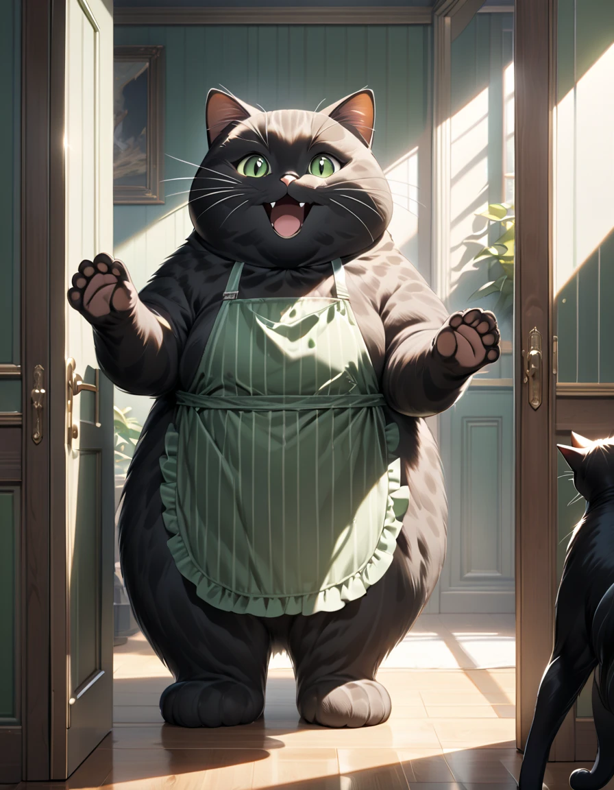 (masterpiece), (ultra-detailed), (best quality), (clear focus), (dramatic scene), (cinematic), shadow, (ultra-high resolution), (8k), perfect anatomy, perfect face, (detailed face), (detailed eye), (the giant chubby black cat is wearing a vertical striped green apron:1.2),  (standing like a human in front of door of the room), (waving both hands like a human:1.2), gentle sunlight, professional lighting, (the cat is surprised and showing big smile:1.2), (Detailed giant black cat:1.3), 