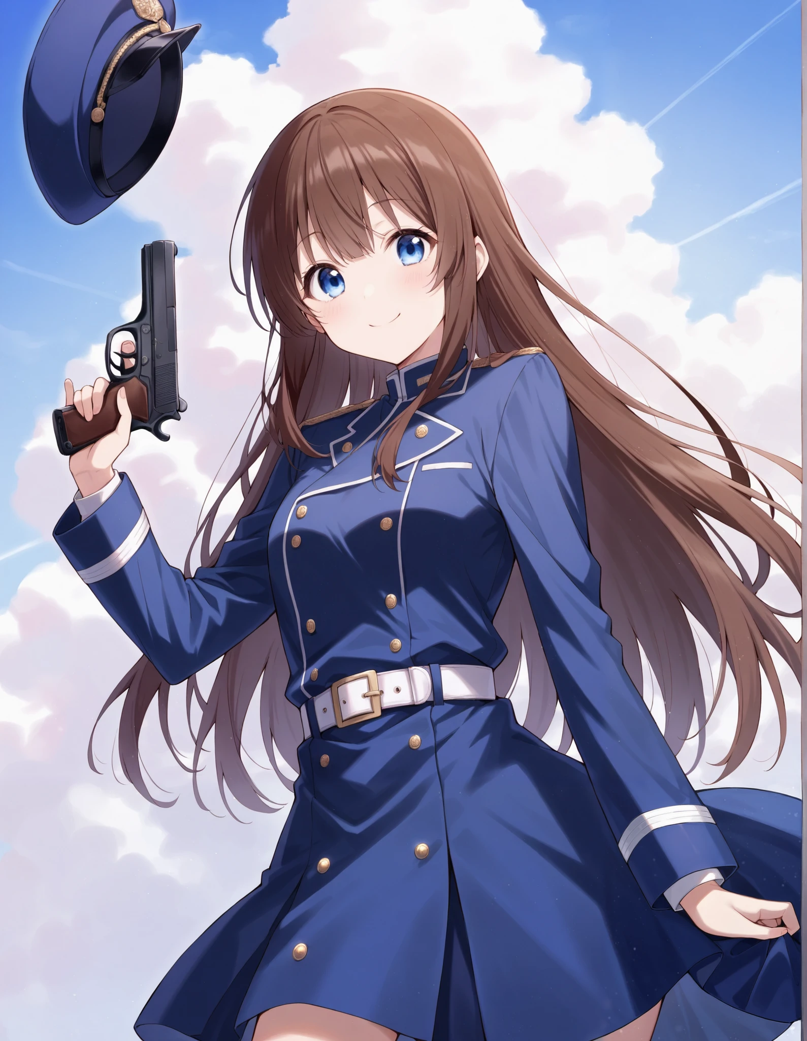  depth of field、 cowboy shot showing shoulders,  One girl ,   cute round face,    long straight hair ,  Detailed body, small tits, masterpiece,  top quality ,  great quality,   very aesthetic  , up to date,smile、Brown Hair、Blue eyes、Fingers５Books、Belt worn、Possession of a pistol、Wear a hat