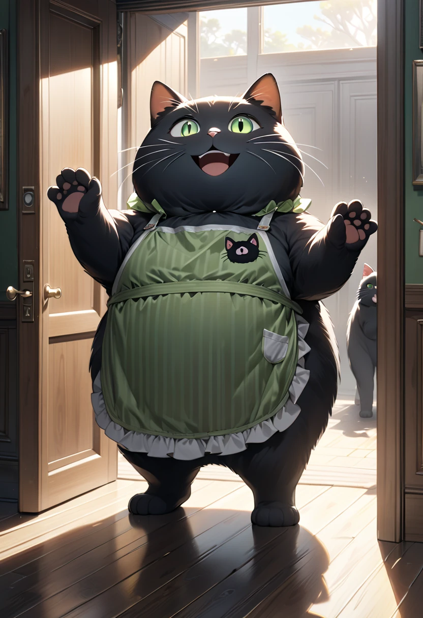 (masterpiece), (ultra-detailed), (best quality), (clear focus), (dramatic scene), (cinematic), shadow, (ultra-high resolution), (8k), perfect anatomy, perfect face, (detailed face), (detailed eye), (the giant chubby black cat is wearing a vertical striped green apron:1.2),  (standing like a human in front of door of the room), (waving both hands like a human:1.2), gentle sunlight, professional lighting, (the cat is surprised and showing big smile:1.2), (Detailed giant black cat:1.3), 