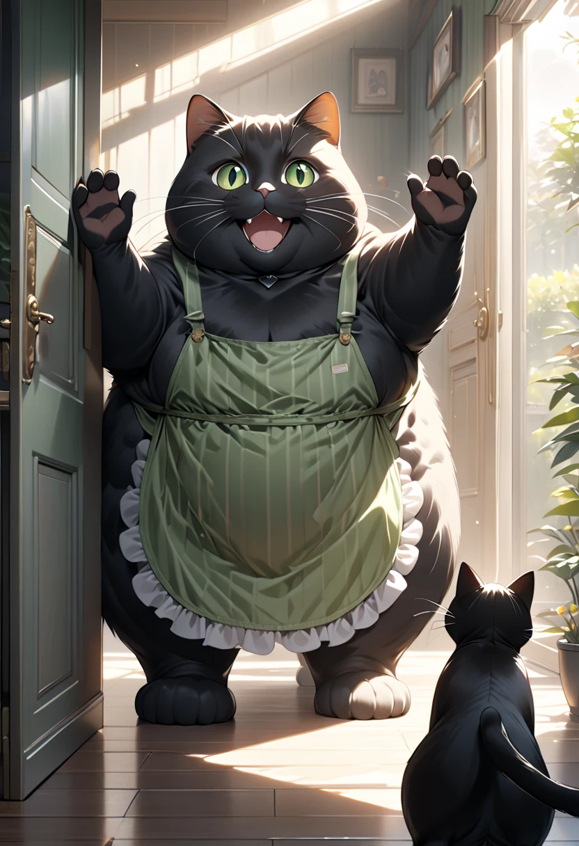 (masterpiece), (ultra-detailed), (best quality), (clear focus), (dramatic scene), (cinematic), shadow, (ultra-high resolution), (8k), perfect anatomy, perfect face, (detailed face), (detailed eye), (the giant chubby black cat is wearing a vertical striped green apron:1.2),  (standing like a human in front of door of the room), (waving both hands like a human:1.2), gentle sunlight, professional lighting, (the cat is surprised and showing big smile:1.2), (Detailed giant black cat:1.3), 