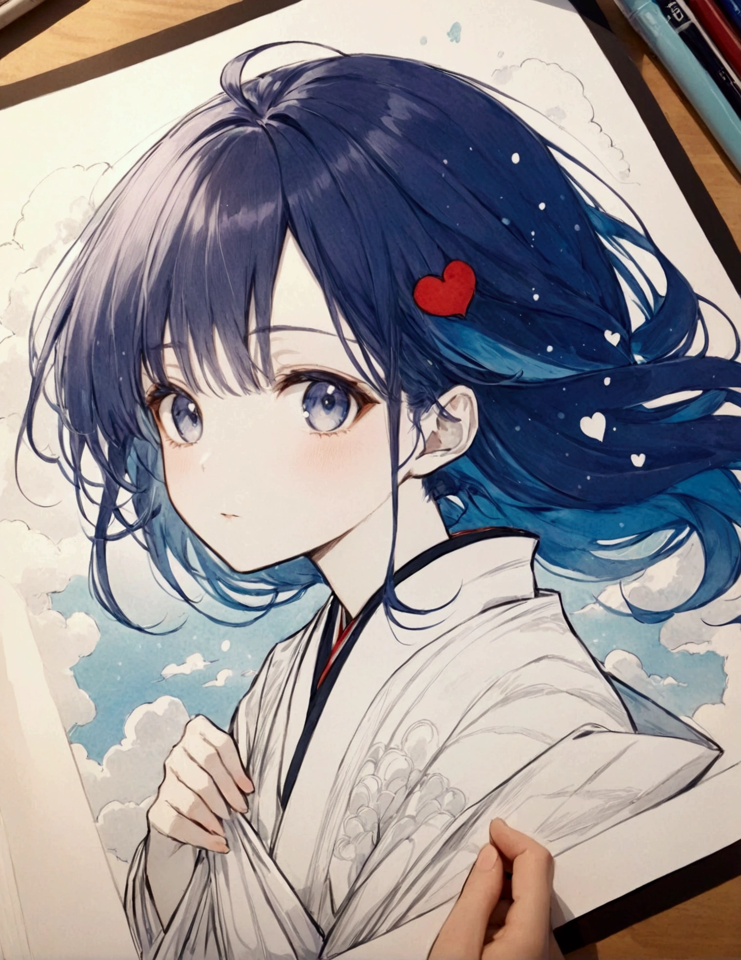 someone holding a picture of a girl with long hair and a heart, anime style mixed with fujifilm, extremely fine ink lineart, sky witch, inspired by Itō Shinsui, anime style portrait, inspired by Eizan Kikukawa, anime girl with cosmic hair, anime drawing, anime vibes, anime clouds, simple line art, clear silhouette, blurry light particles