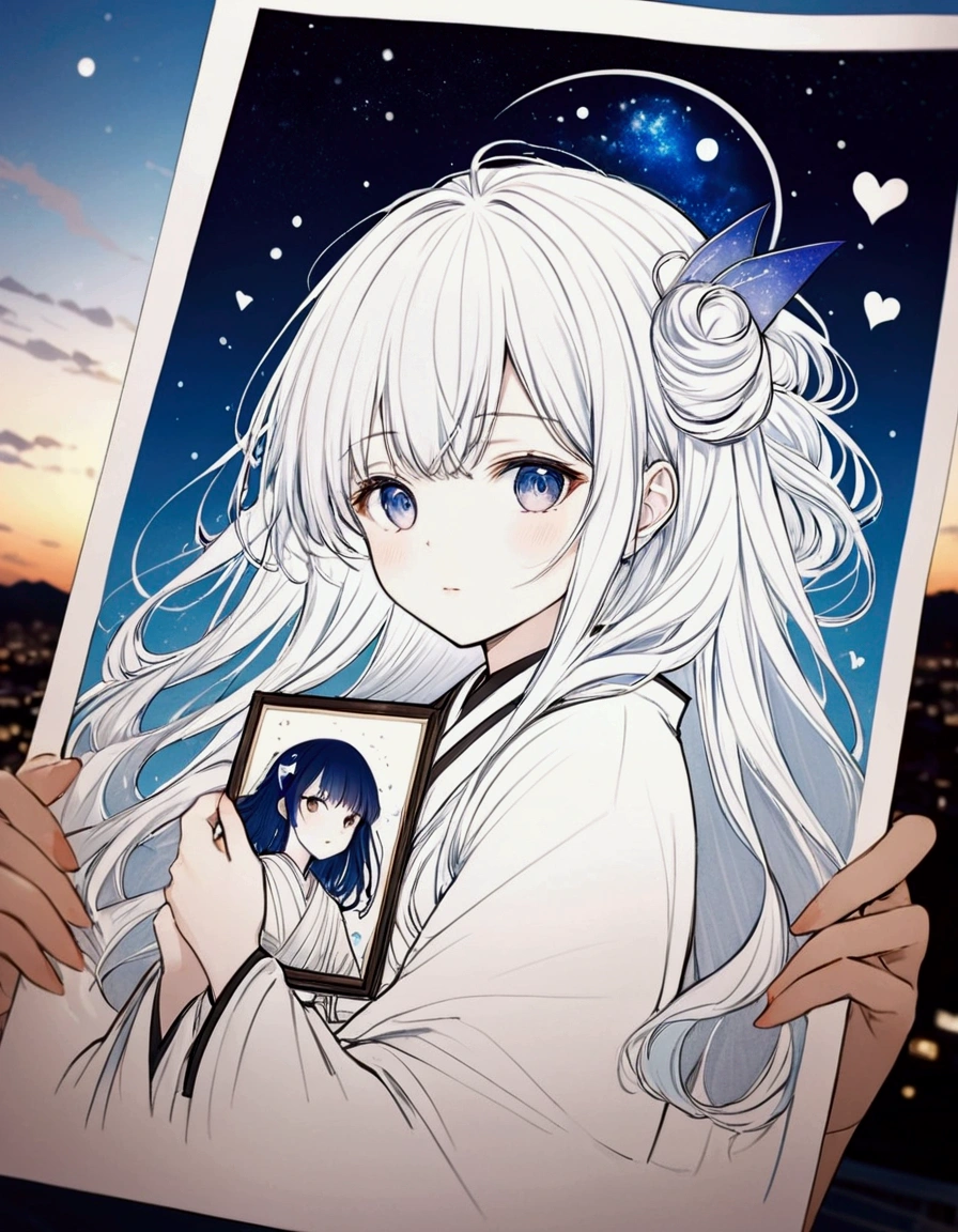 someone holding a picture of a girl with long hair and a heart, anime style mixed with fujifilm, extremely fine ink lineart, sky witch, inspired by Itō Shinsui, anime style portrait, inspired by Eizan Kikukawa, anime girl with cosmic hair, anime drawing, anime vibes, anime clouds, simple line art, clear silhouette, blurry light particles