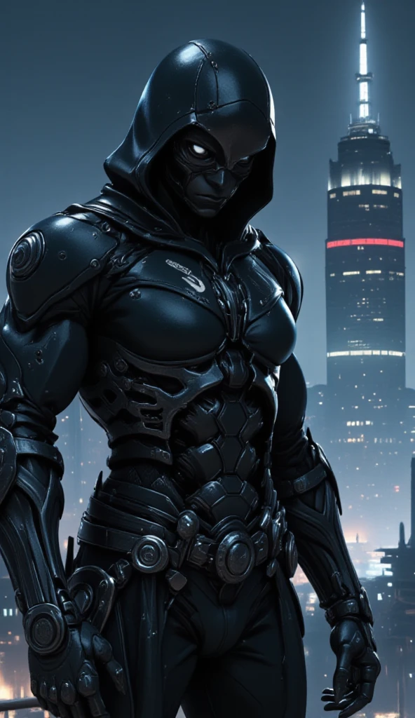  A black leather full-body image 、and a hood, Close-up of a hooded person in invisible armor . wears leather armor,  Tights.epic ninja suit, Rogue.Leather fit to cover the whole body. smooth leather .Boy Teenage Assassin , stealth suit ,  Cyberpunk assassin ,Standing on the roof of a skyscraper. black night . Dark atmosphere .Low light. striking lights cast dramatic shadows. Weird cyberpunk atmosphere . cyberpunk city.Futuristic tech style 