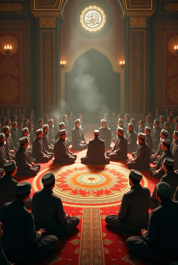 young Islamic scholars with green turban and white clothes doing dhikr in a circle in a library namely rizvi islamic library written on wall