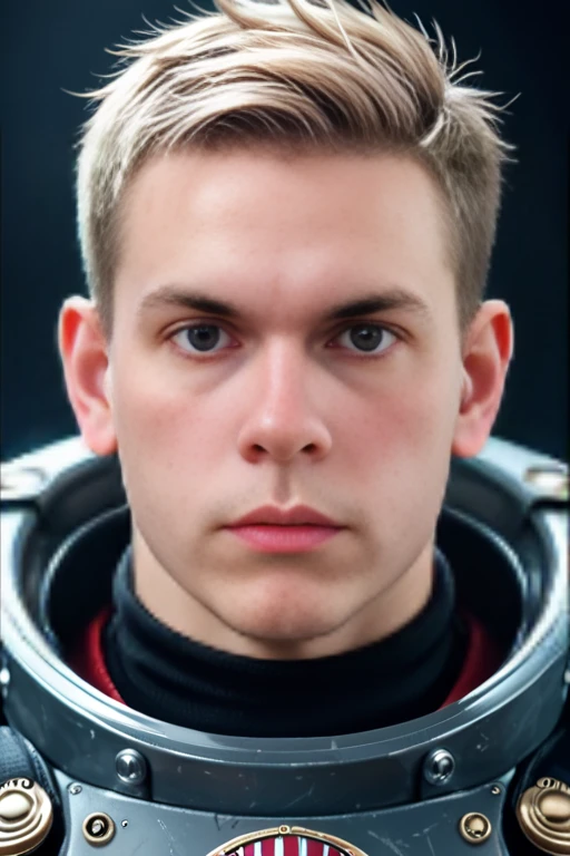 Chico de.16 year old in speedo floating in space with a background of galaxies with American facial features light green eyes golden blonde hair 