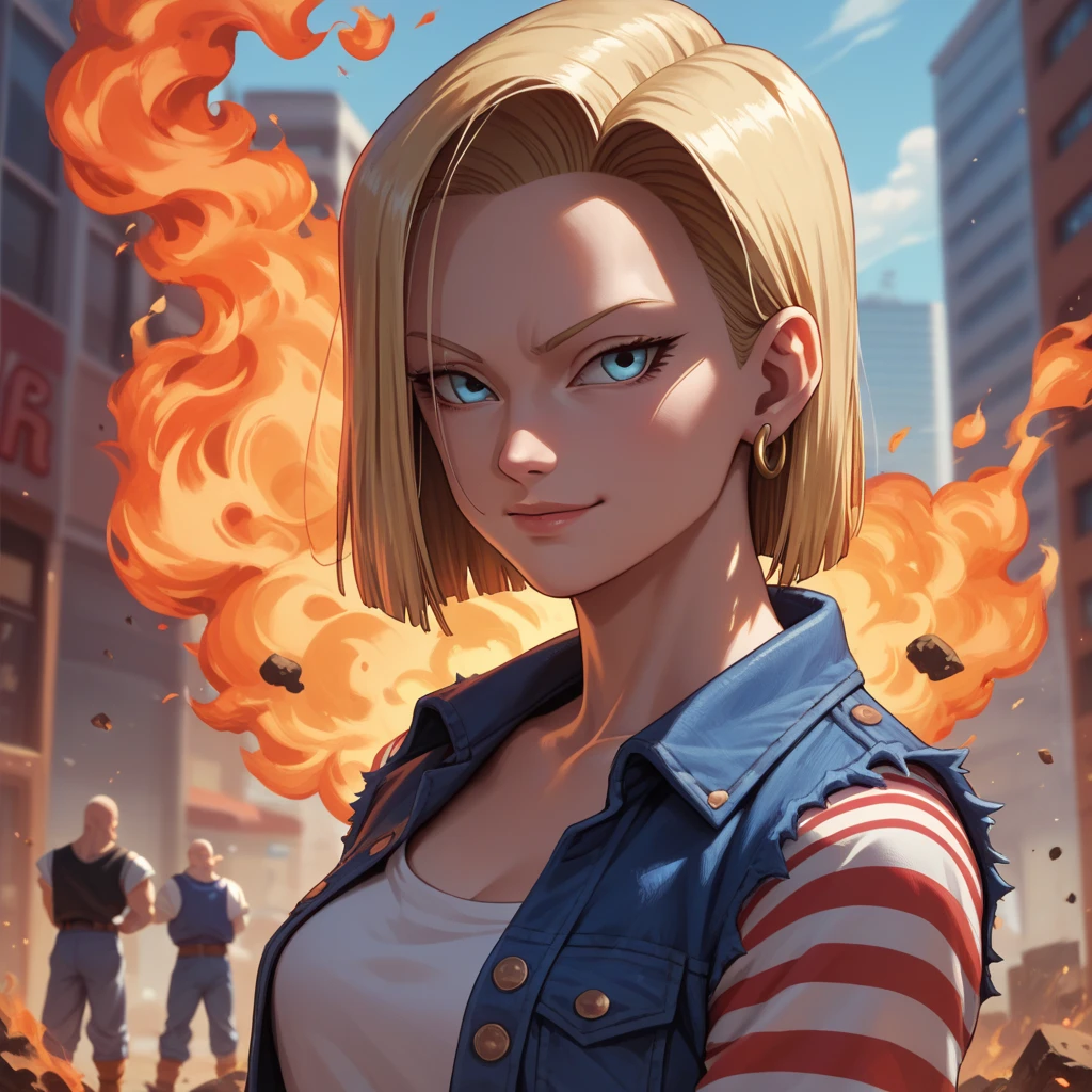 android 18 from the anime dragon ball z with a evil smile, in the background is a burning city