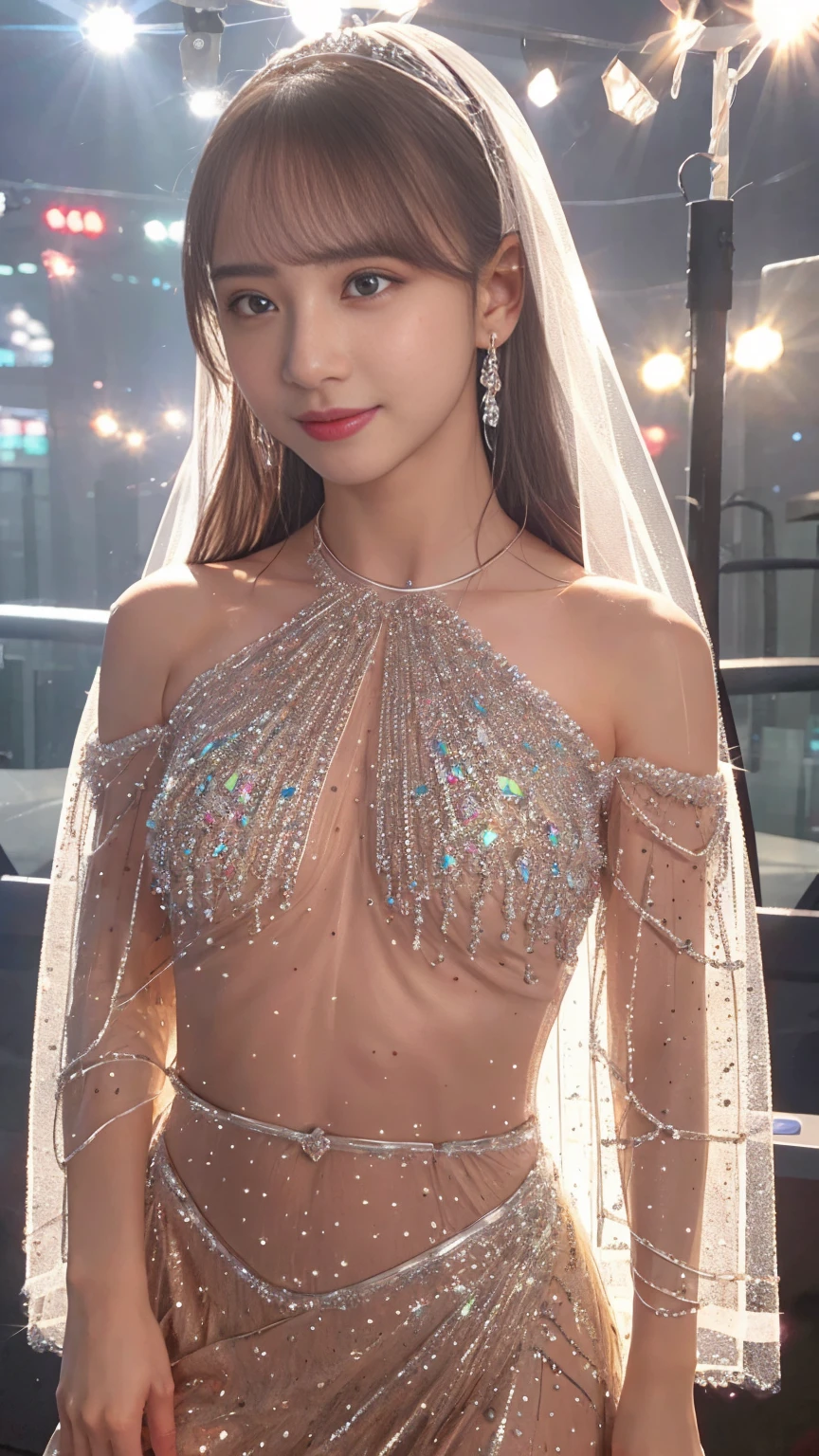  as if their whole body is made of clear crystals 、 hyperrealistic image of a beautiful young woman 。skin、hair、Everything, even the clothes, have changed to clear, shining crystals 、 reflecting light like an exquisitely cut jewel