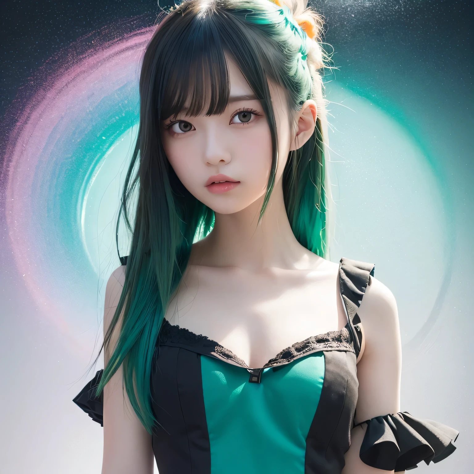 ((Live 2D))  masterpiece,  One girl ,  full body ,  standing straight , steampunk costume, uniform,  Watch viewers,  detailed face , girl with green  wave hair, bangs, ,  gradient hair ,  multi-colored hair , Light green hair, turquoise hair tips,  wave hair,  Gradient Eyes ,  Orange Eyes , ( simple background, White background: 1.3)、((( upper body photo)))