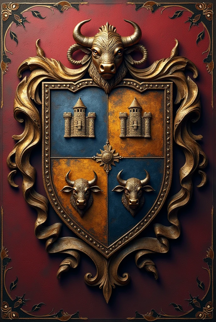 Create a Coat of Arms based on the surname Builes and that contains Strongholds and bulls in the shield, that looks real and professional