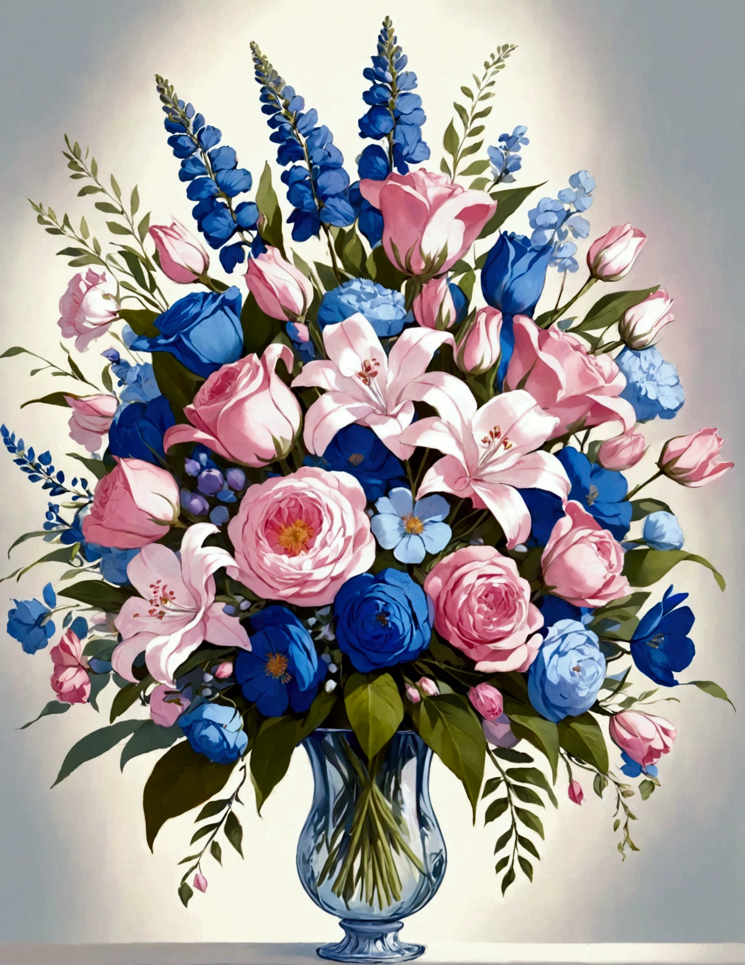 painting of a bouquet of flowers with blue and pink flowers, inspired by Jean-Baptiste Pater, inspired by Louis-Michel van Loo, floral explosion, acrylic paint style, floral splash painting, inspired by Jean-Baptiste van Loo, inspired by François Boquet, inspired by Jan van Huysum, baroque acrylic painting, acrylic painting, inspired by Annie Rose Laing, blurry light particles