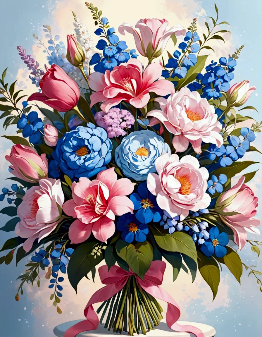 painting of a bouquet of flowers with blue and pink flowers, inspired by Jean-Baptiste Pater, inspired by Louis-Michel van Loo, floral explosion, acrylic paint style, floral splash painting, inspired by Jean-Baptiste van Loo, inspired by François Boquet, inspired by Jan van Huysum, baroque acrylic painting, acrylic painting, inspired by Annie Rose Laing, blurry light particles