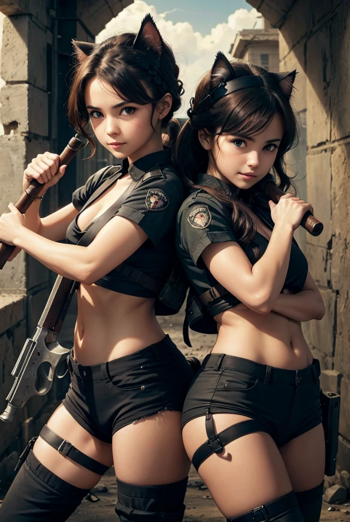 Two cute kittens with weapons in their hands fighting in a war 