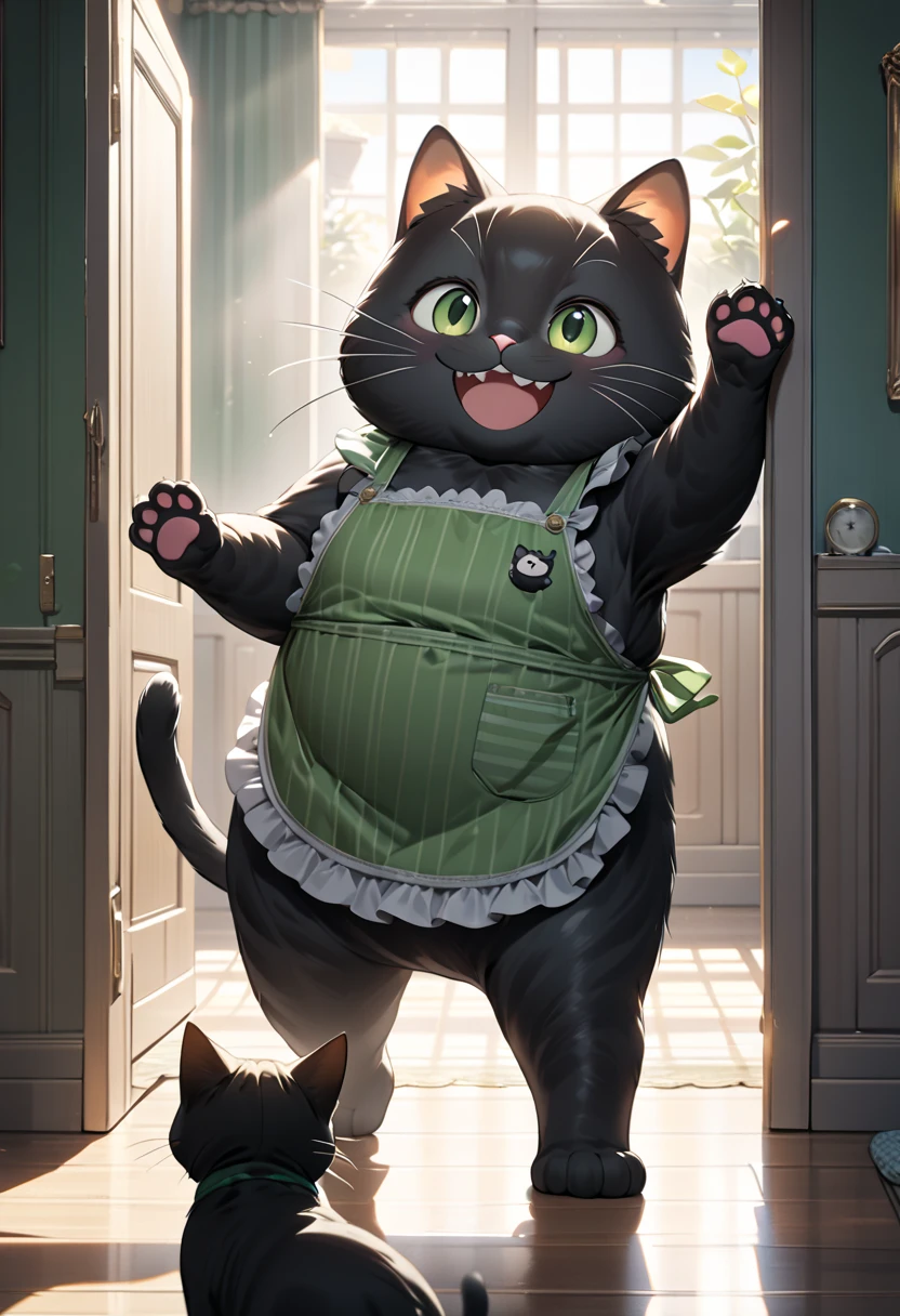 (masterpiece), (ultra-detailed), (best quality), (clear focus), (dramatic scene), (cinematic), shadow, (ultra-high resolution), (8k), perfect anatomy, perfect face, (detailed face), (detailed eye), (the giant chubby black cat is wearing a vertical striped green apron:1.2),  (standing like a human in front of door of the room), (waving both hands like a human and showing paws:1.2), gentle sunlight, professional lighting, (the cat is surprised and showing big smile:1.2), (Detailed giant black cat:1.3), 