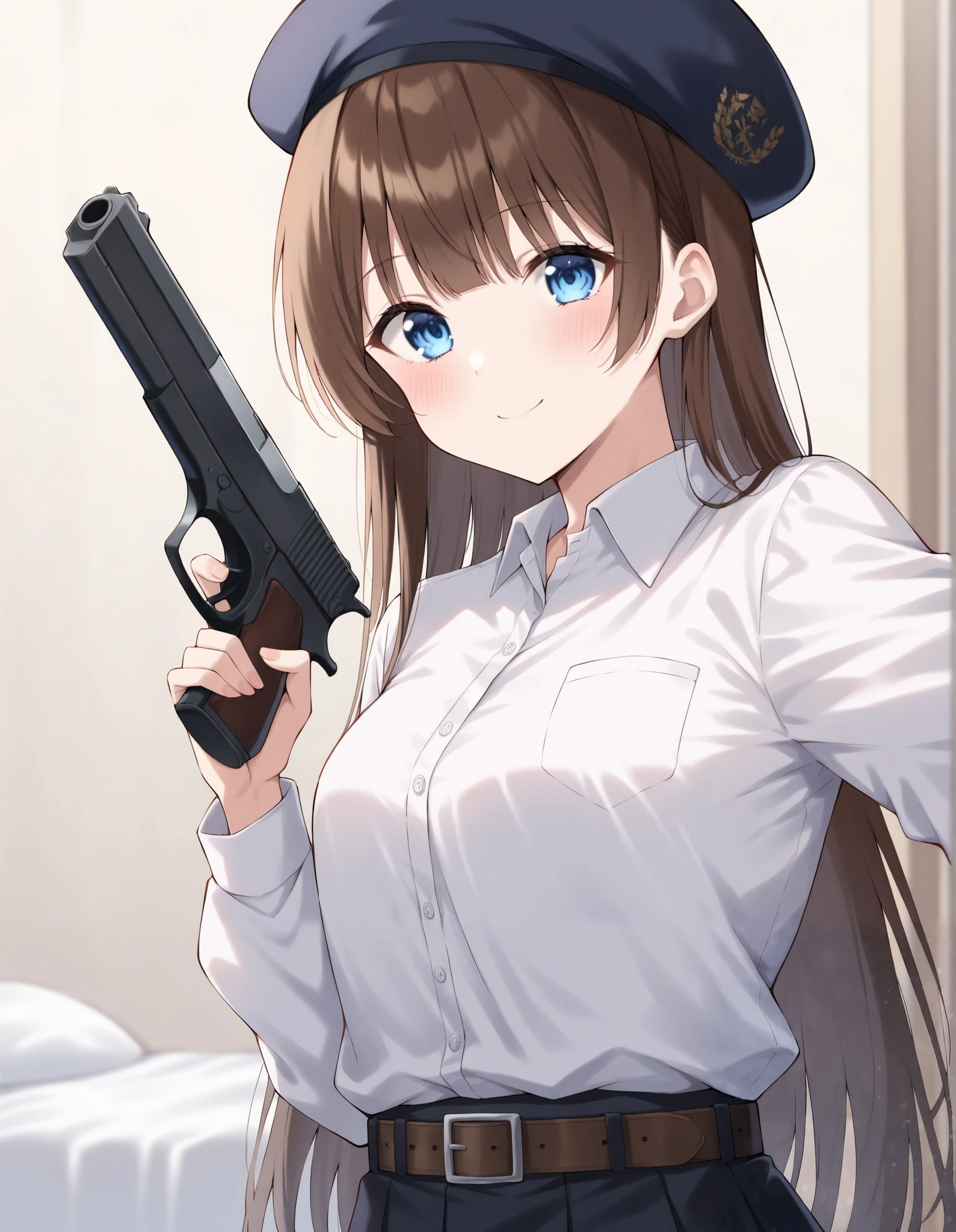  depth of field、  One girl ,   cute round face,    long straight hair ,  Detailed body, small tits, masterpiece,  top quality ,  great quality,   very aesthetic  , up to date,smile、Brown Hair、Blue eyes、Belt worn、Possession of a pistol、Wear a hat