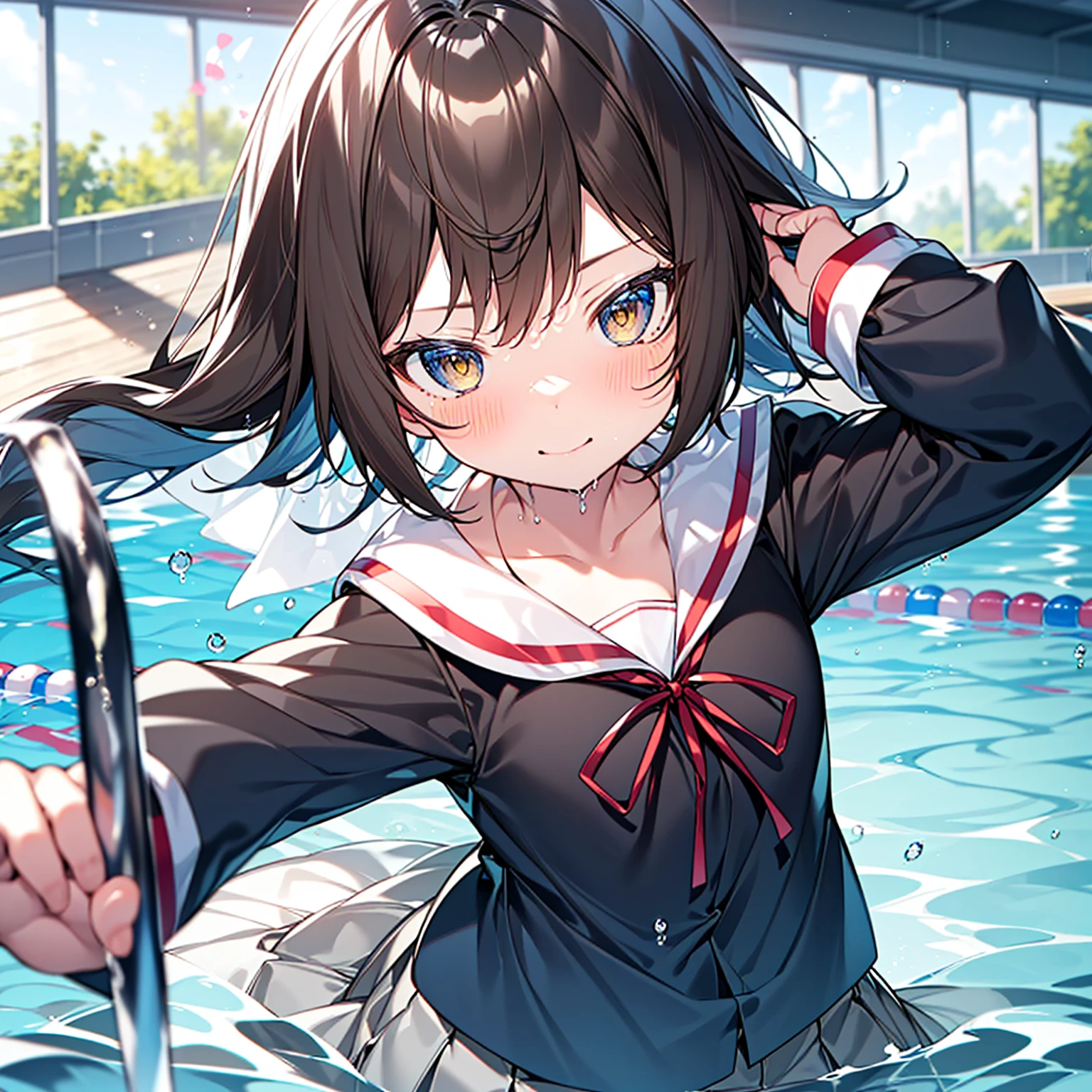  1 girl、Mashiro Mitsumine, Mashiro Mitsumine, ( brown eyes:1.5), Brown Hair,  ponytail, ( flat chest:1.2), break grey  skirt, Moe Sleeve、 Long Sleeve , neck ribbon, red ribbon, ribbon,  sailor color ,  skirt, white  sailor color , ( blue shirt :1.5), break looking at viewer, whole body,  The lower body is transparent  、break indoors, School swimming pool, (Lots of water)、 wet、((( skirtを引っ張る)))、(( skirtが水面に広がります))、completely submerged、whole bodyが水に浸かる、((Transparent pool)))、swim、 turn your arm back 、break (masterpiece:1.2),  top quality ,  High Definition ,  Unity 8k wallpaper , (shape:0.8),  highly detailed face,  perfect lighting,   very detailed CG、( punch)、( skirt全開)、ロングワイド skirt、cute、、Teary-eyed