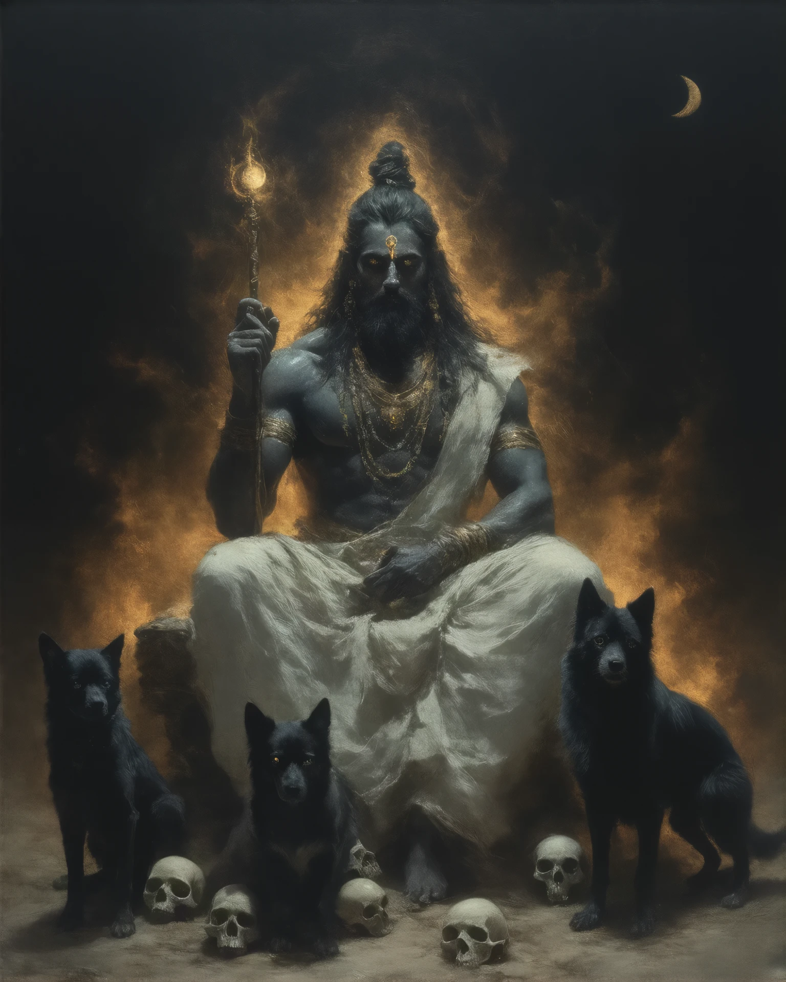 (masterpiece: 1.2), abstract acrylic painting art, hindu god, Kalbhairava  depicted wearing a tiger-skin garment and sitting on a gem-studded throne. He has three eyes and is accompanied by his pet dog, Svan, in a crematorium, river passing through, his long hair,d ash-smeared skin, long beard, under the dark, moonlit sky. Dressed in a white dhoti with golden edges, his muscular frame is adorned with rudraksha beads around neck and arms and a garland of tiny skulls. His wild, flowing hair, twisted into topknot, a crescent moon on hair that emits a soft, divine glow. In one hand, he wields his mighty trident, and in the other, a damru (a small drum). Surrounding him are burning funeral pyres and scattered skulls, as black dogs prowl around him, their piercing eyes glowing in the dark. A slow, curving river flows nearby, reflecting the flickering flames. The air is heavy with smoke and ashes as Kalbhairav, the cosmic judge, evaluates the karmic deeds of wandering souls.