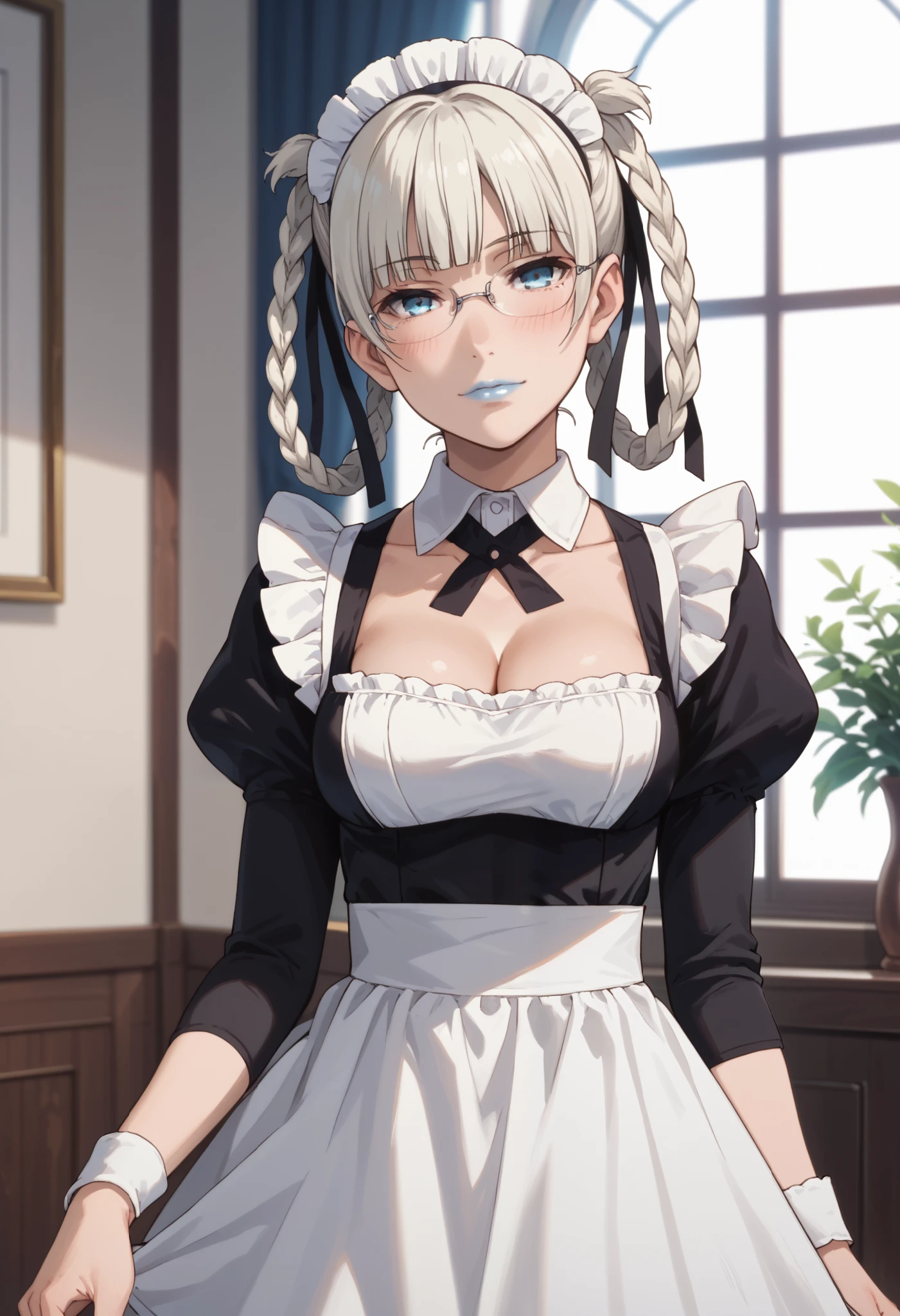 Score_9, score_8_up, score_7_up, score_6_up, source_anime, rating:general, 1girl, full body, kirari momobami, white hair, braided hair, sultry look, head tilt, blush, pale white skin, glasses,  maid, maid apron, maid headdress, puffy sleeves, blue eyes, blue lipstick, colored contacts, doll face, medium sized breasts, cleavage, solo, 8k quality, vivid colors, perfect lighting, perfect shadowing, maid cafe, modern cafe