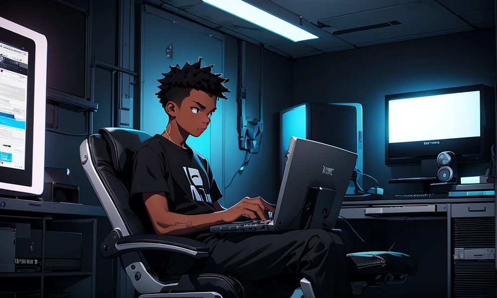 An image in style  (Lofi) of a boy (black skin) using (black t-shirt)  playing with the computer in a ( black gamer chair )  (Relaxed calm in a room) (gray and black) fully (Minimalist) (dark)