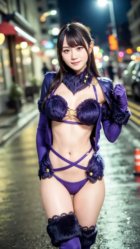 Girl walking down the street, Night City, Rainy Street Background, Crowd in the background,  clevis on a stone, (Colossal :1.5),  beautiful face,  beautiful lips,  Purple Bikini , mashdbc,   elbow gloves , gloves with fur ,  fur fringed legwear ,  fur collar ,  ãã¼ ãã ¡ãâã³, O-ring,  purple gloves,  purple thigh high socks,  wolf ear, smile,  High Quality , masterpiece,   Professional Writing ,  focused smoothness ,  sharp, 8k wallpaper,  cute pose, Crowded background, cute baby face, ogurayui,