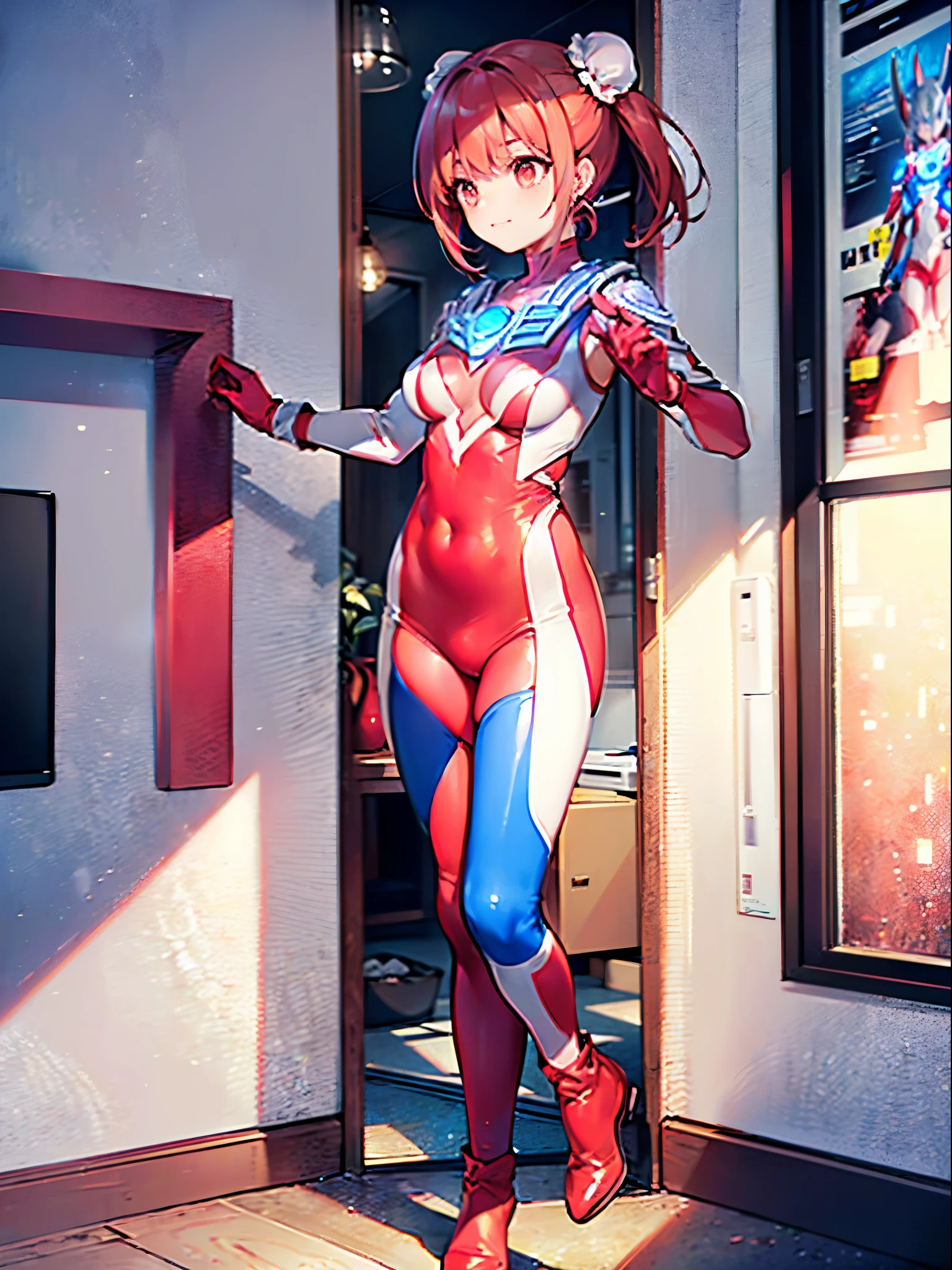(Close-up:1.3),Realistic,Highest quality, Ultra Detail, High-quality CG rendering, The most delicate and beautiful, Floating softly, High resolution, (1 female), (Highest quality,4K,8k,masterpiece:1.2),(All red hair:1.5), (ponytail:1.5),(Red eyes:1.5), (Ultra Girl:1.0), (All red Ultraman bodysuit:1.5),(Do not expose your skin:1.5),(Slightly larger breasts:1.5),(Red gloves:1.4),(Red Shoes:1.4),(whole body:1.3),(smile:1.3),(Open your mouth a little:1.3),In a small room,(Are standing:1.4),(Fighting Pose:1.3)