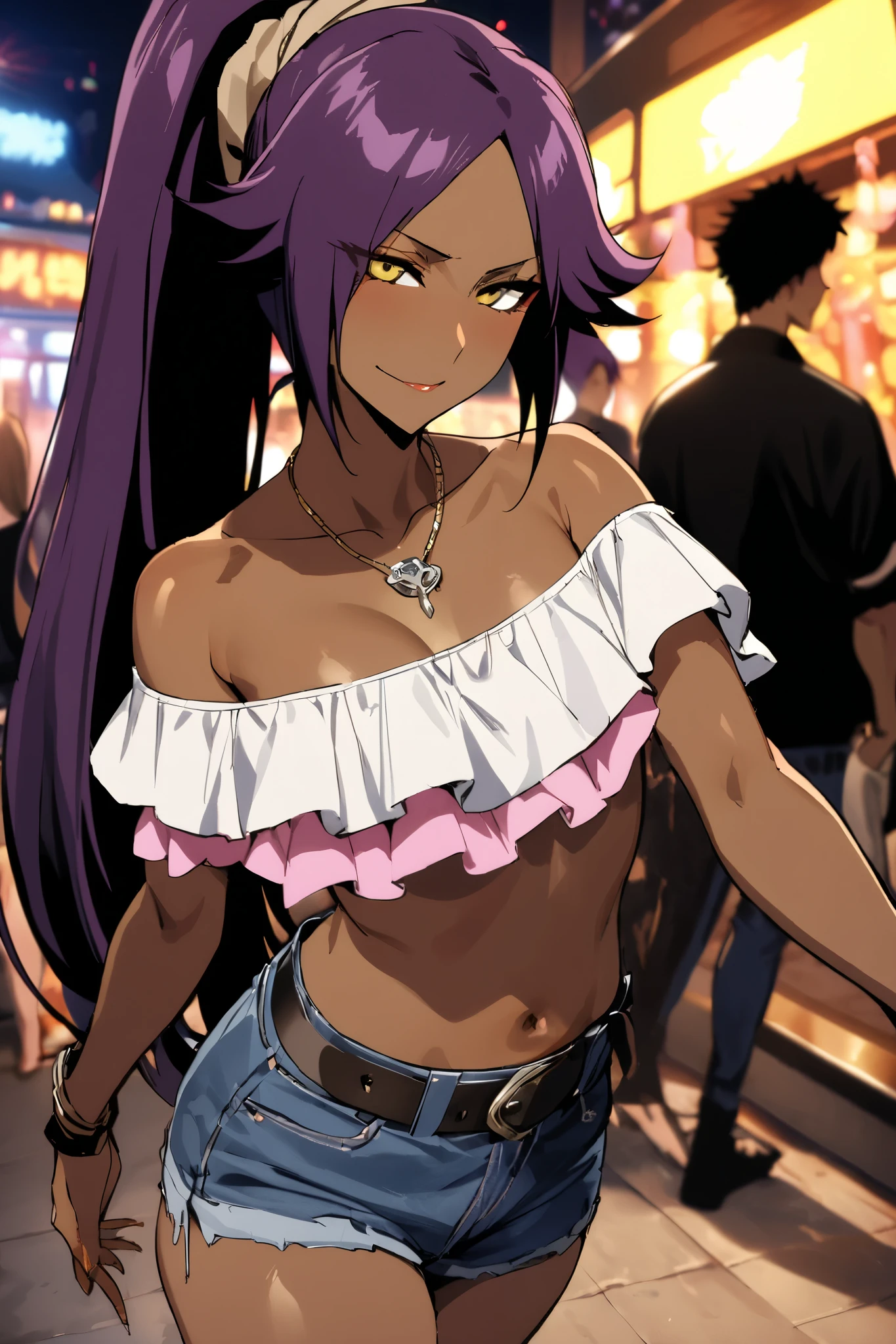 NSFW,masterpiece, top quality , High Definition , very detailed,Yoruichi Shihouin\(BLEACH\), long hair、 yellow eyes、 ponytail、Purple Hair、 dark skin 、 dark skin の女性, off-shoulder, Denim Shorts,belt, Casual , necklace,Bad Smile,Nightlife