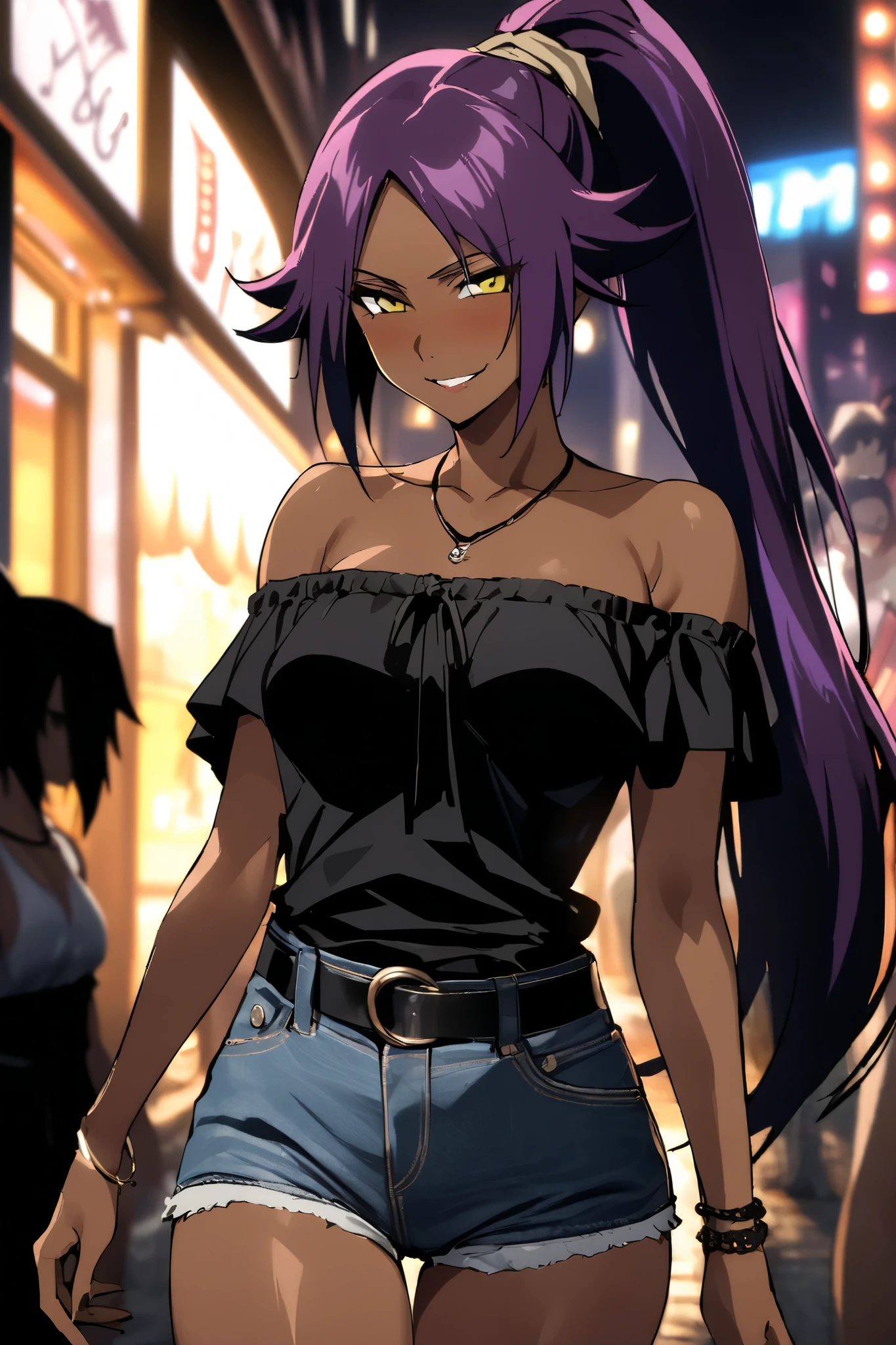 NSFW,masterpiece, top quality , High Definition , very detailed,Yoruichi Shihouin\(BLEACH\), long hair、 yellow eyes、 ponytail、Purple Hair、 dark skin 、 dark skin の女性, off-shoulder, Denim Shorts,belt, Casual , necklace,Bad Smile,Nightlife