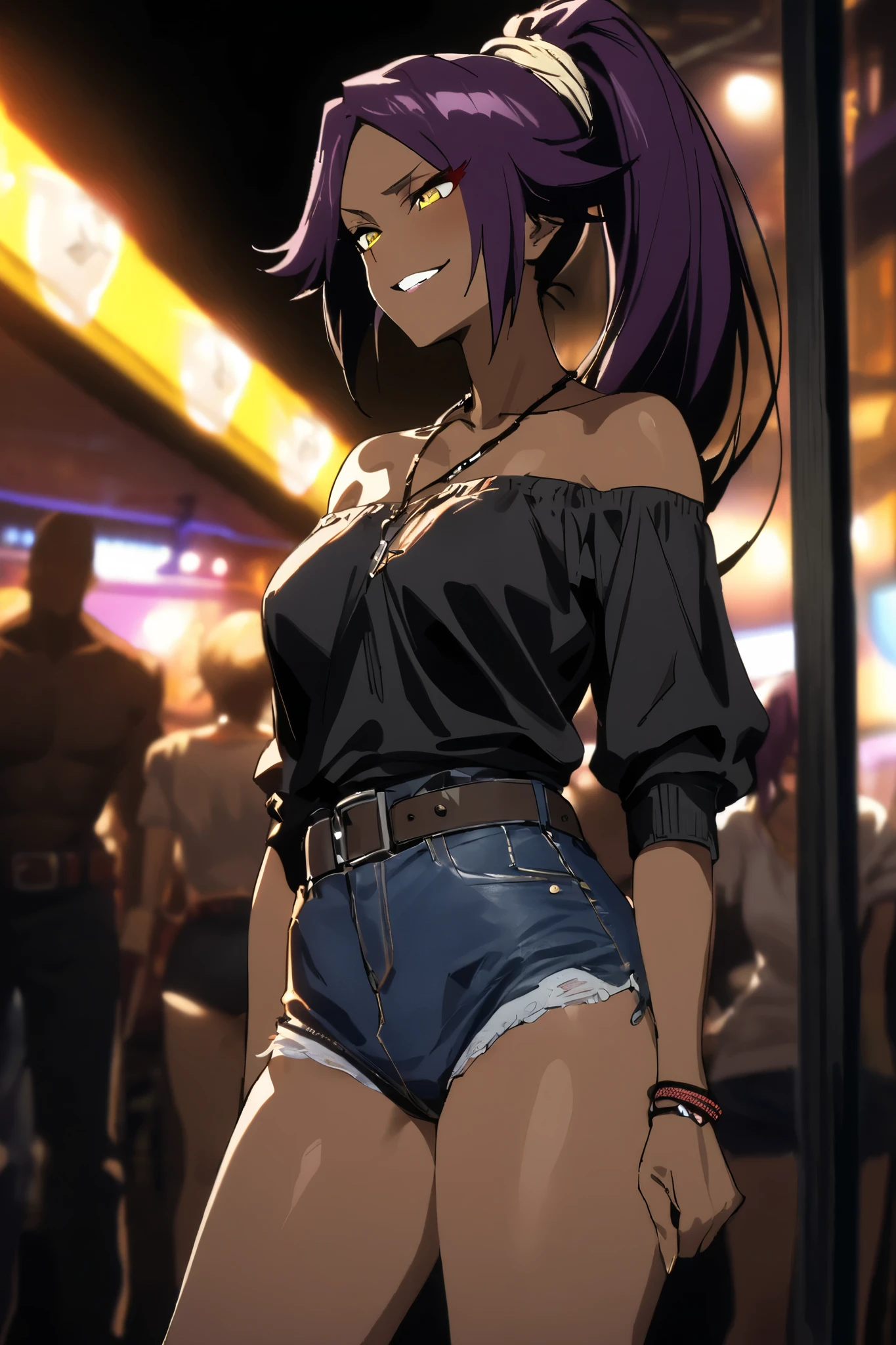 NSFW,masterpiece, top quality , High Definition , very detailed,Yoruichi Shihouin\(BLEACH\), long hair、 yellow eyes、 ponytail、Purple Hair、 dark skin 、 dark skin の女性, off-shoulder, Denim Shorts,belt, Casual , necklace,Bad Smile,Nightlife