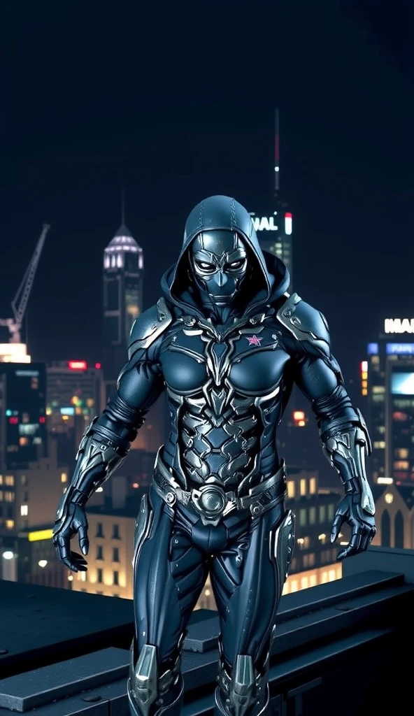  A black leather full-body image 、and a hood, Close-up of a hooded person in invisible armor . wears leather armor,  Tights.epic ninja suit, Rogue.Leather fit to cover the whole body. smooth leather .Boy Teenage Assassin , stealth suit ,  Cyberpunk assassin ,Standing on the roof of a skyscraper. black night . Dark atmosphere .Low light. striking lights cast dramatic shadows. Weird cyberpunk atmosphere . cyberpunk city.Futuristic tech style 