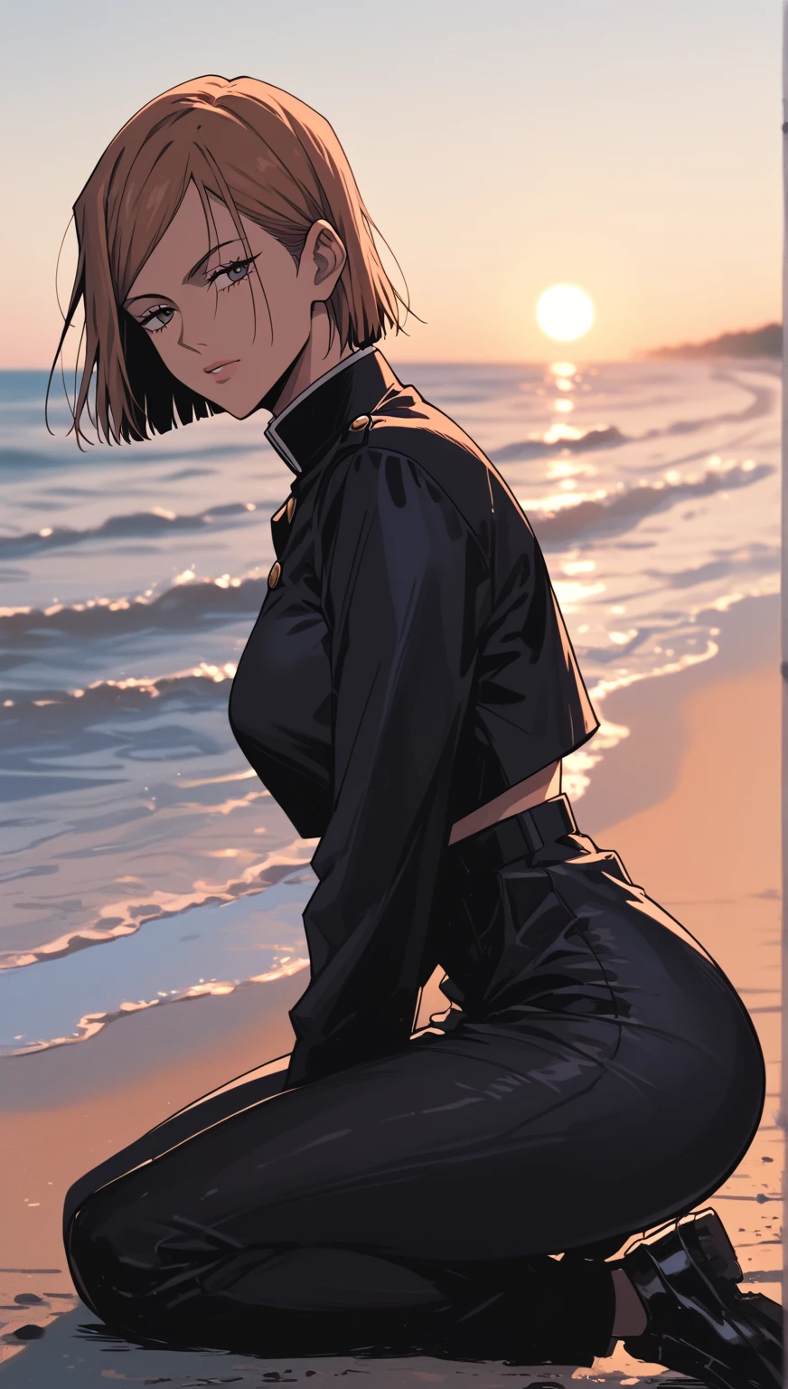 (score_9,score_8,score_7_up,score_6_up)sinozick style，flat color, Nobara Jujutsu_kaisen 1girl brown_hairs nice_ass wearing_uniform wearing_jujutsu_uniform long_sleeves wearing_trousers breasts front_view side_view selffish looking_at_us_lie_we_are_trash looking_from_up_on_us tight_clothes full_body_view, background_of_sunset, nature, beach, enjoying_sunset dynamic_shadows open_eyes looking_at_us watching_us cute kawaii , random_position position, solo_character, nobody_else