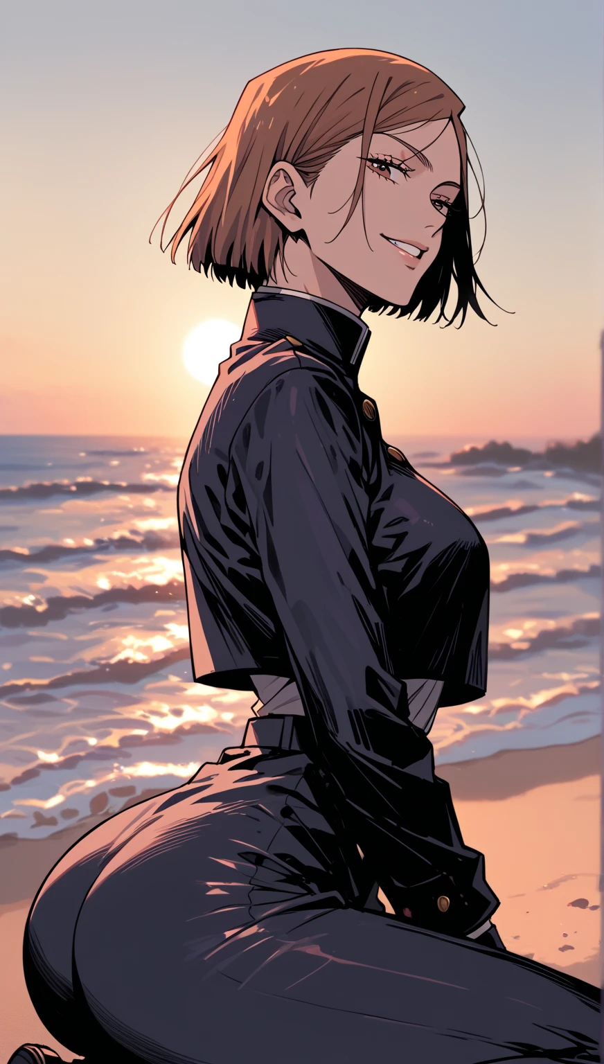 (score_9,score_8,score_7_up,score_6_up)sinozick style，flat color, Nobara Jujutsu_kaisen 1girl brown_hairs nice_ass wearing_uniform wearing_jujutsu_uniform long_sleeves wearing_trousers breasts front_view side_view selffish looking_at_us_lie_we_are_trash looking_from_up_on_us tight_clothes full_body_view, background_of_sunset, nature, beach, enjoying_sunset dynamic_shadows open_eyes looking_at_us watching_us cute kawaii , random_position position, solo_character, nobody_else