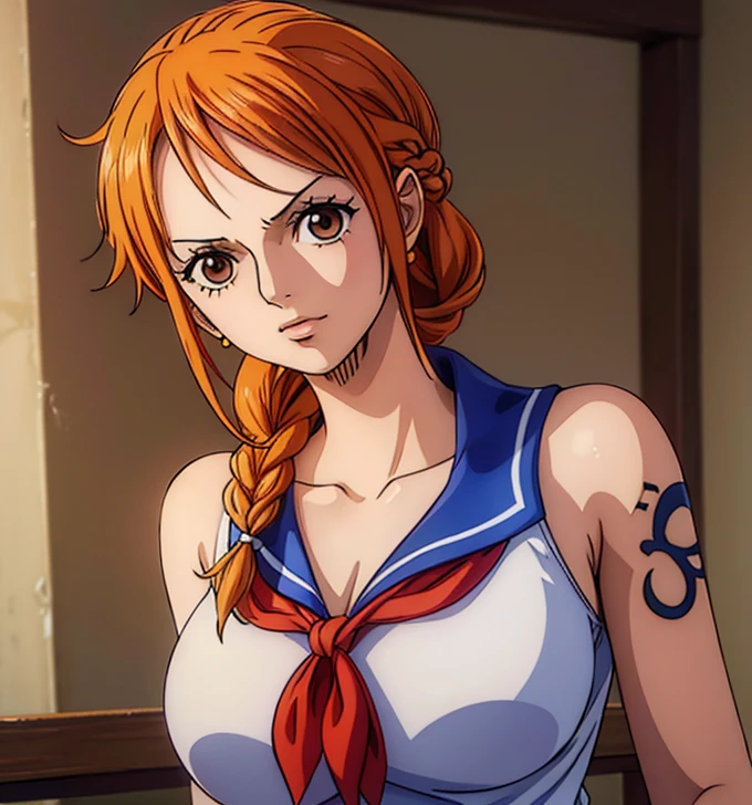 ((Put your arms behind your head)),side,side汗,Nami from One Piece, Long orange ponytail hair, (Highest quality, 4K, 8k, High resolution, masterpiece:1.2), Very detailed, and (Realistic, photoRealistic, photo-Realistic:1.37) Beautiful brown eyes, Blushing, Swimwear, Anime Style, Add HDR, 超High resolution, Studio Lighting, Ultra-fine painting,