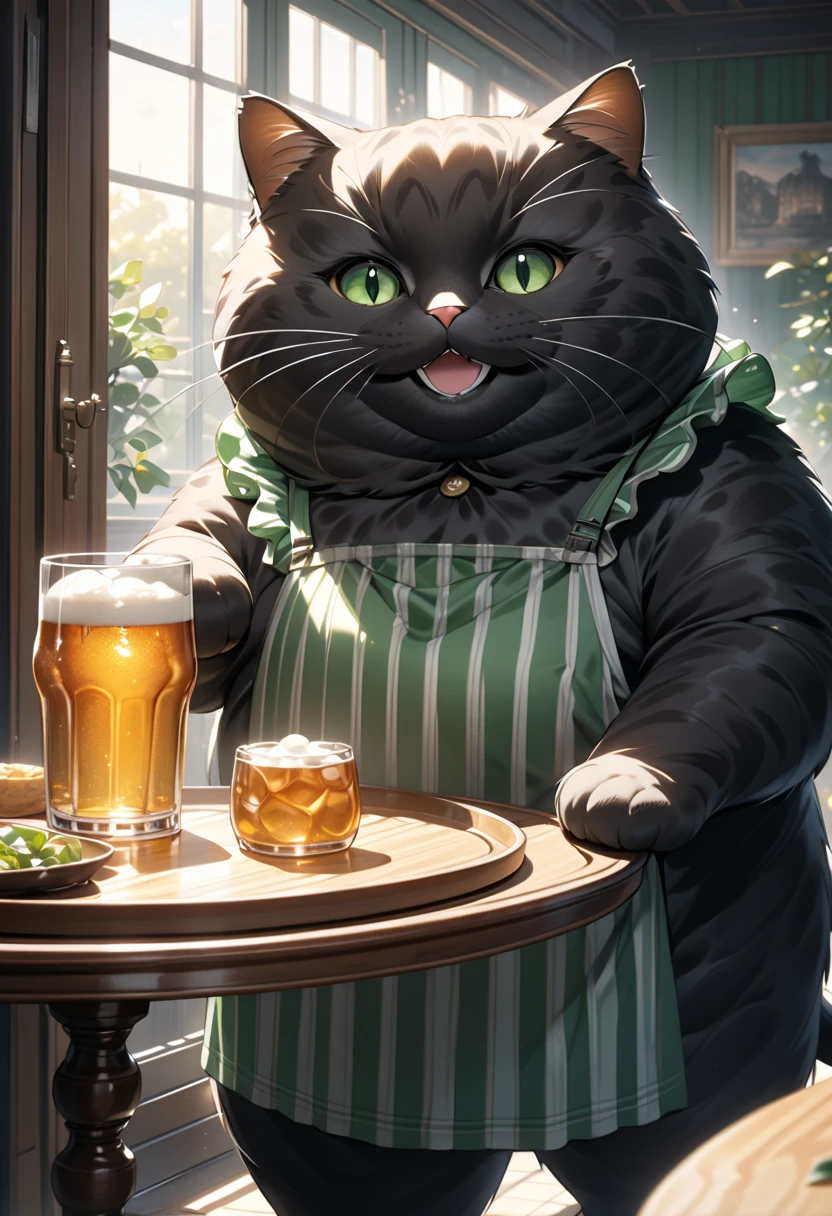 (masterpiece), (ultra-detailed), (best quality), (clear focus), (dramatic scene), (cinematic), shadow, (ultra-high resolution), (8k), perfect anatomy, perfect face, (detailed face), (detailed eye), (the giant chubby black cat is wearing a vertical striped green apron:1.2), (standing like a human at the dining room), (holding a large glass of beer on the tray:1.2), gentle sunlight, professional lighting, (the cat is showing smile:1.2), (Detailed giant black cat:1.2),